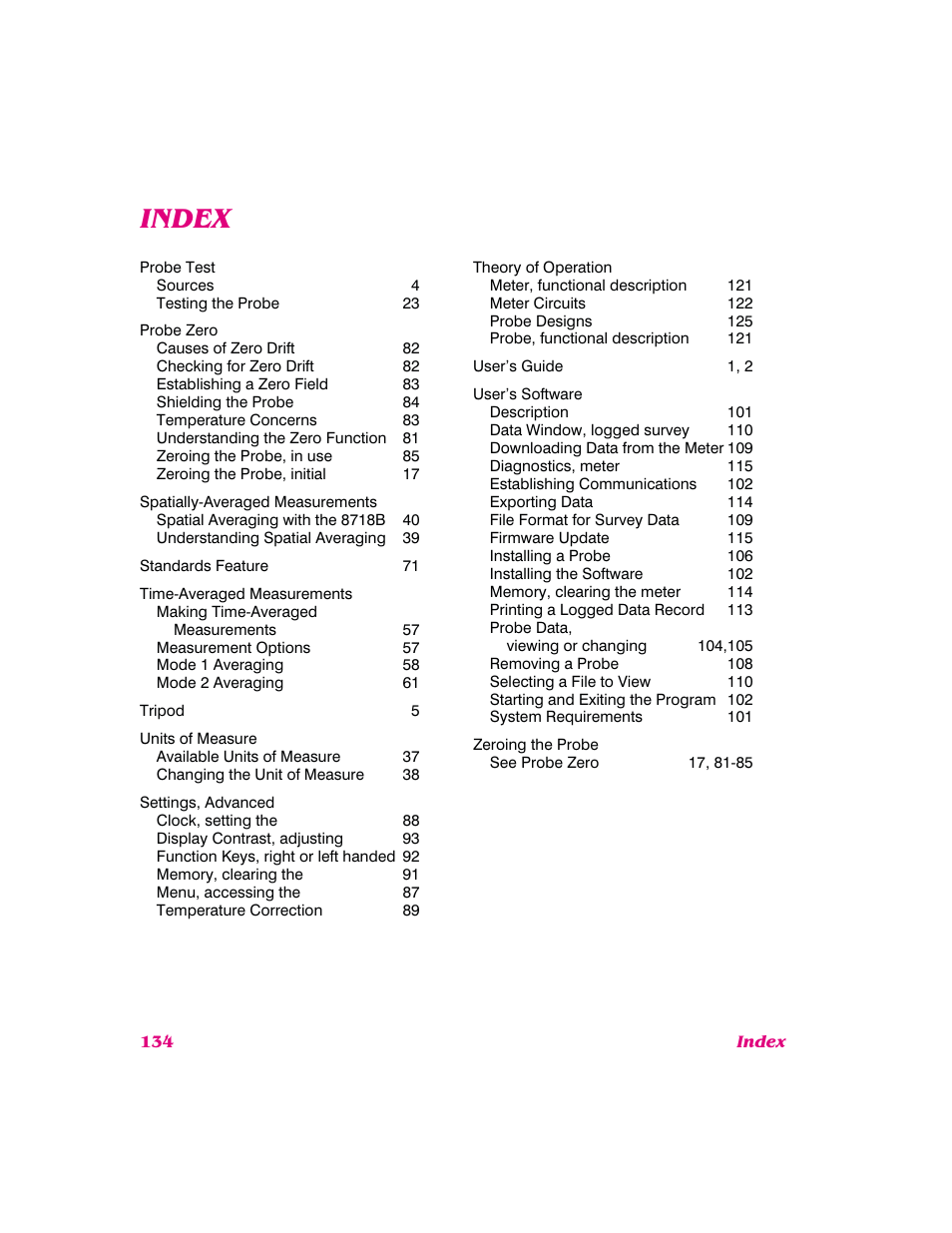 Index | NARDA 8718B User Manual | Page 135 / 137