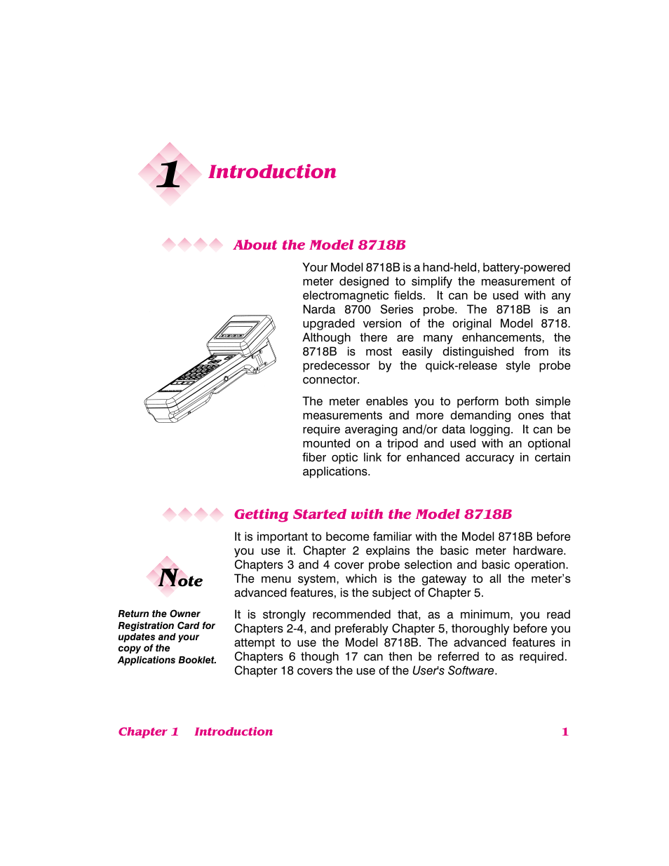 Introduction, About the model 8718b, Getting started with the model 8718b | NARDA 8718B User Manual | Page 2 / 137