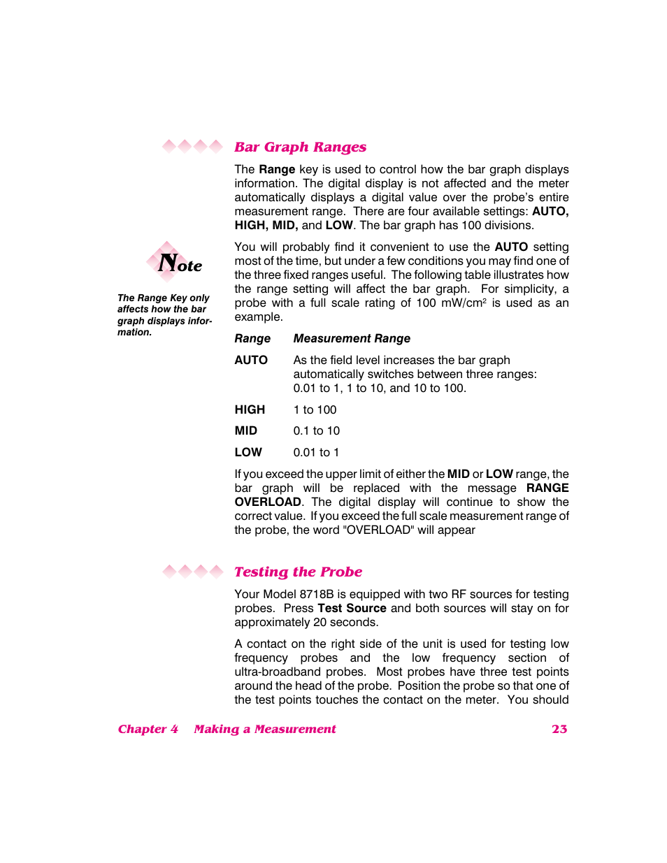 Bar graph ranges, Testing the probe | NARDA 8718B User Manual | Page 24 / 137