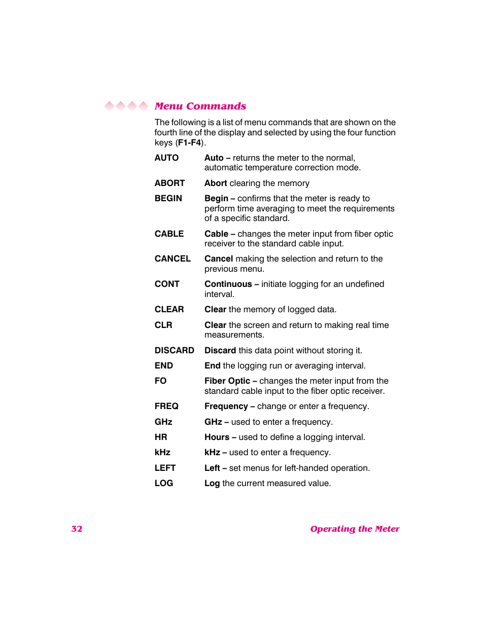 Menu commands | NARDA 8718B User Manual | Page 33 / 137