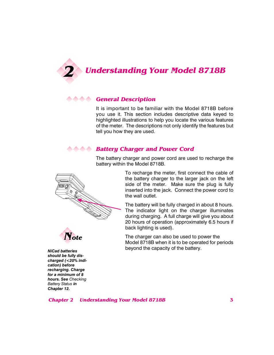 Understanding your model 8718b, General description, Battery charger and power cord | NARDA 8718B User Manual | Page 4 / 137