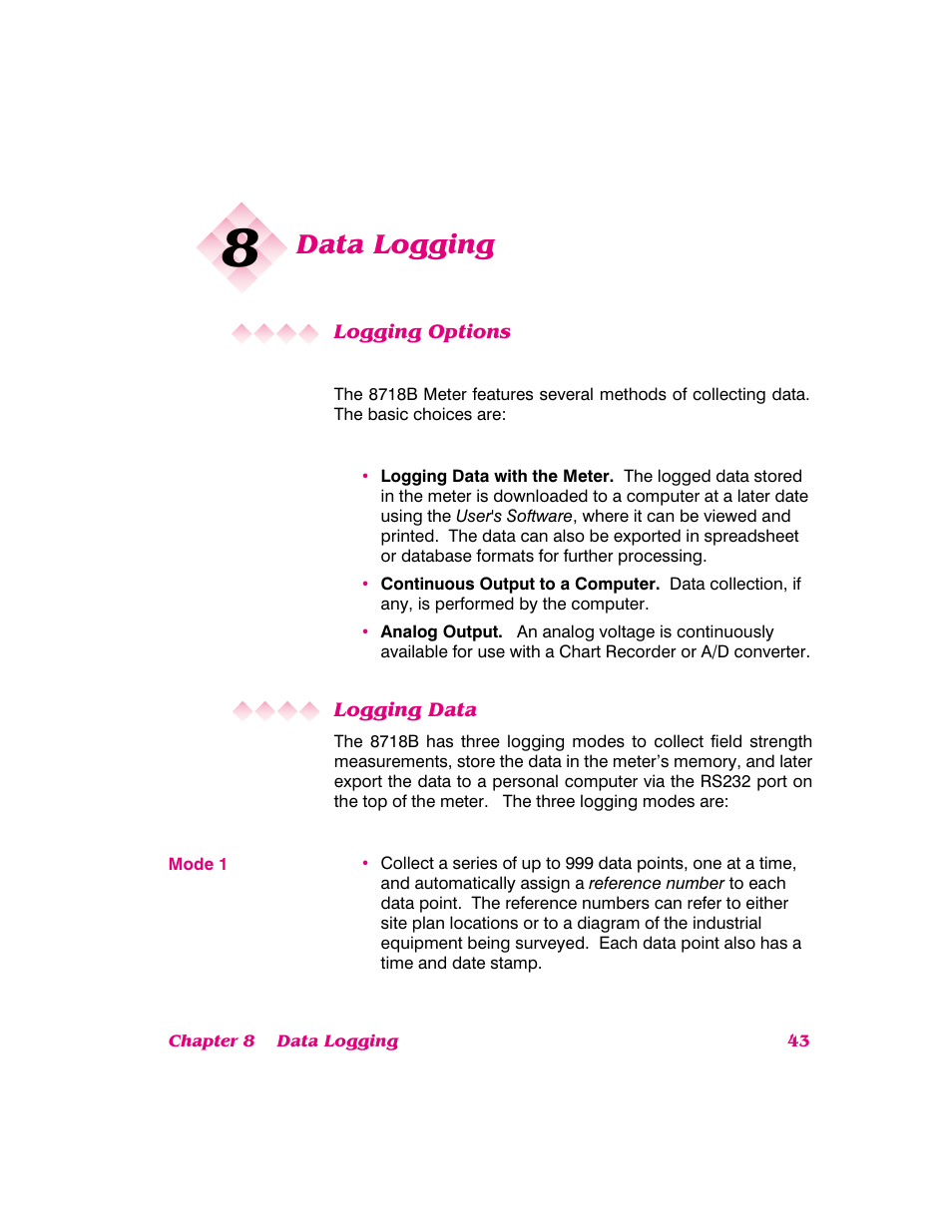Data logging, Logging options, Logging data | NARDA 8718B User Manual | Page 44 / 137