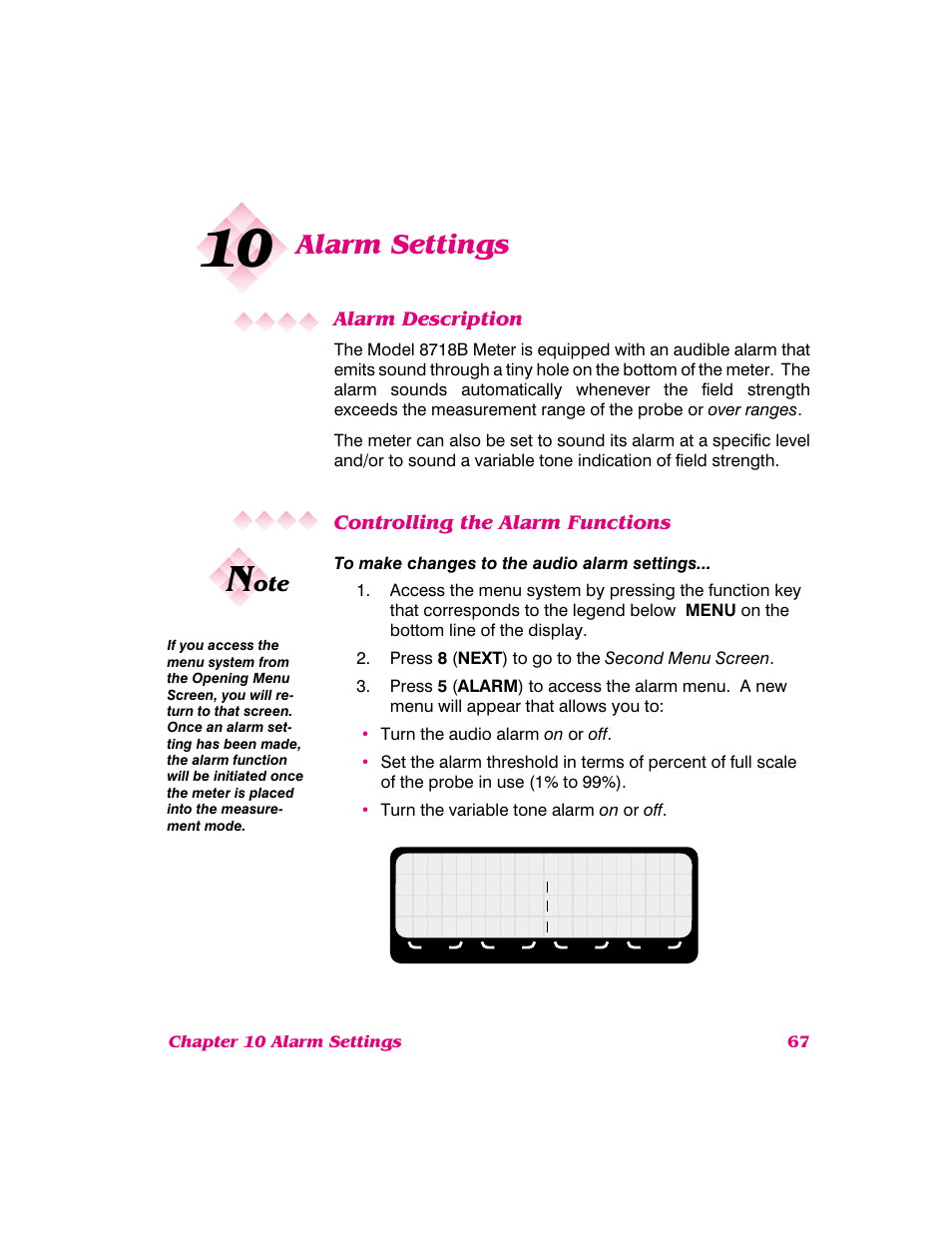 Alarm settings, Alarm description, Controlling the alarm functions | NARDA 8718B User Manual | Page 68 / 137