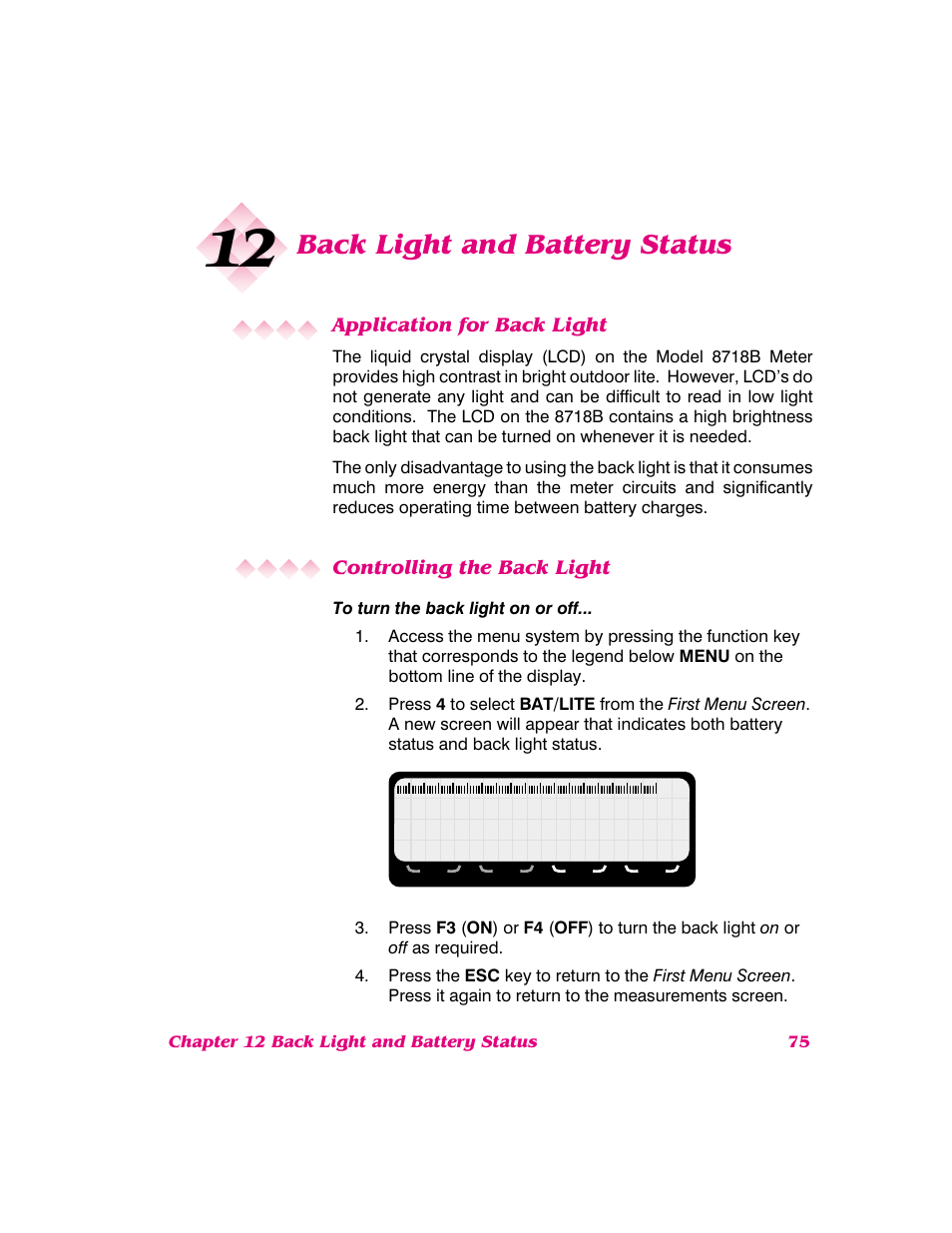 Back light and battery status, Application for back light, Controlling the back light | NARDA 8718B User Manual | Page 76 / 137