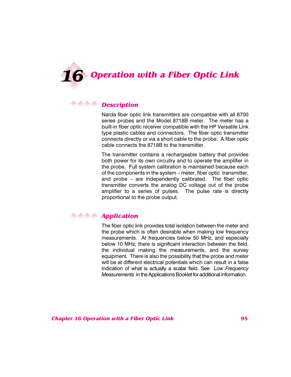 Operation with a fiber optic link, Description, Application | NARDA 8718B User Manual | Page 96 / 137