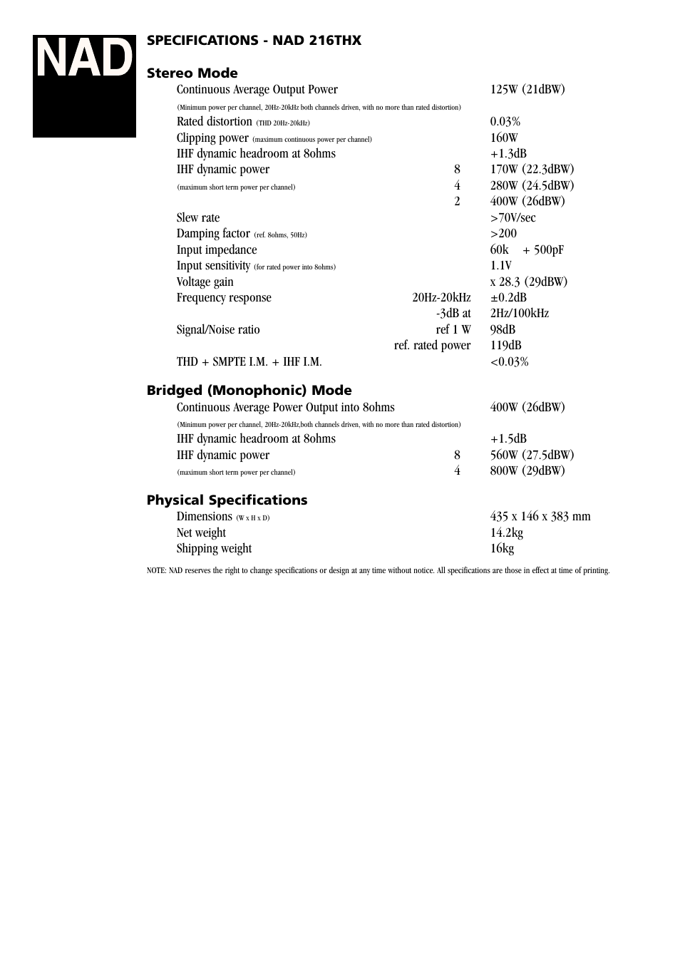 NAD Theater 216THX User Manual | Page 2 / 2