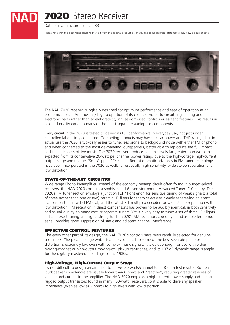 NAD 7020 User Manual | 3 pages