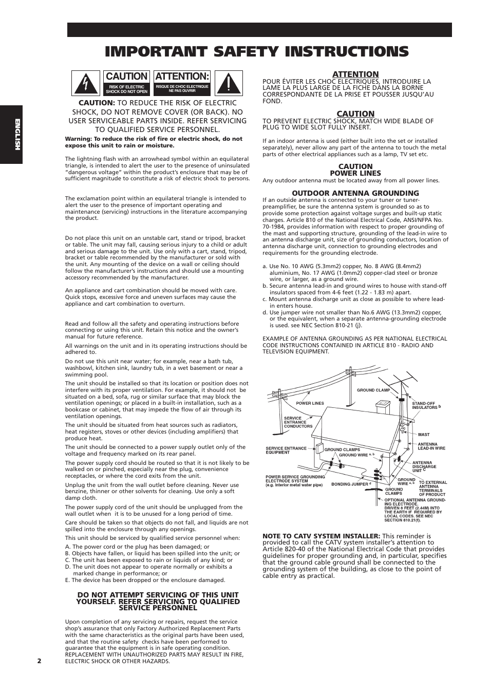 Important safety instructions, Attention, Caution | NAD T742 User Manual | Page 2 / 20