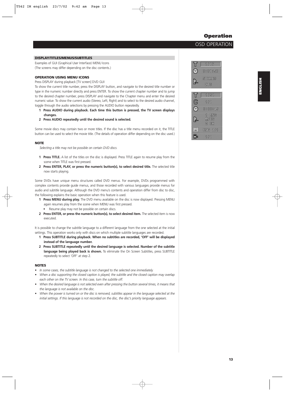 Osd operation operation | NAD T562 User Manual | Page 13 / 34