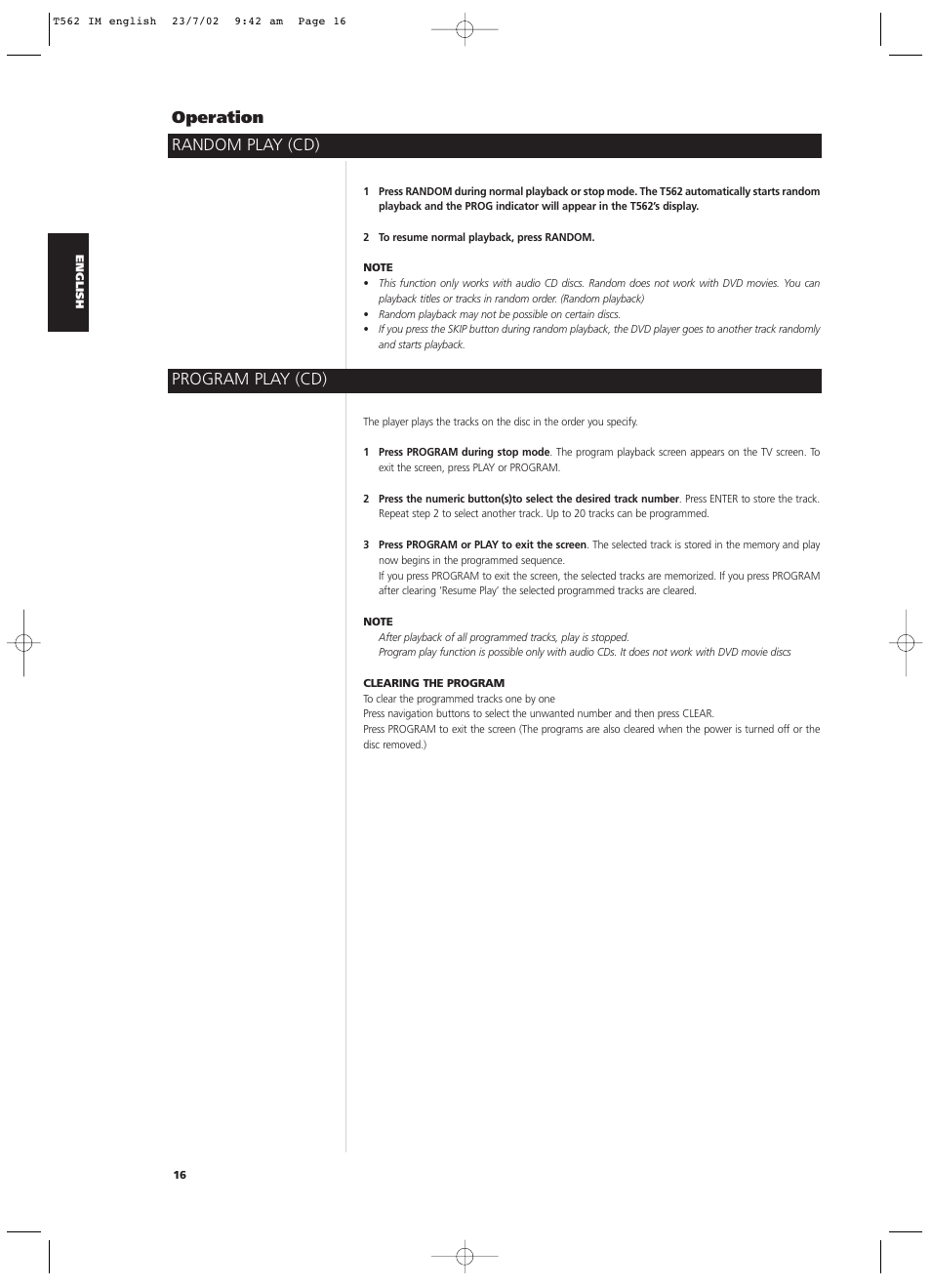 Random play (cd) program play (cd) operation | NAD T562 User Manual | Page 16 / 34