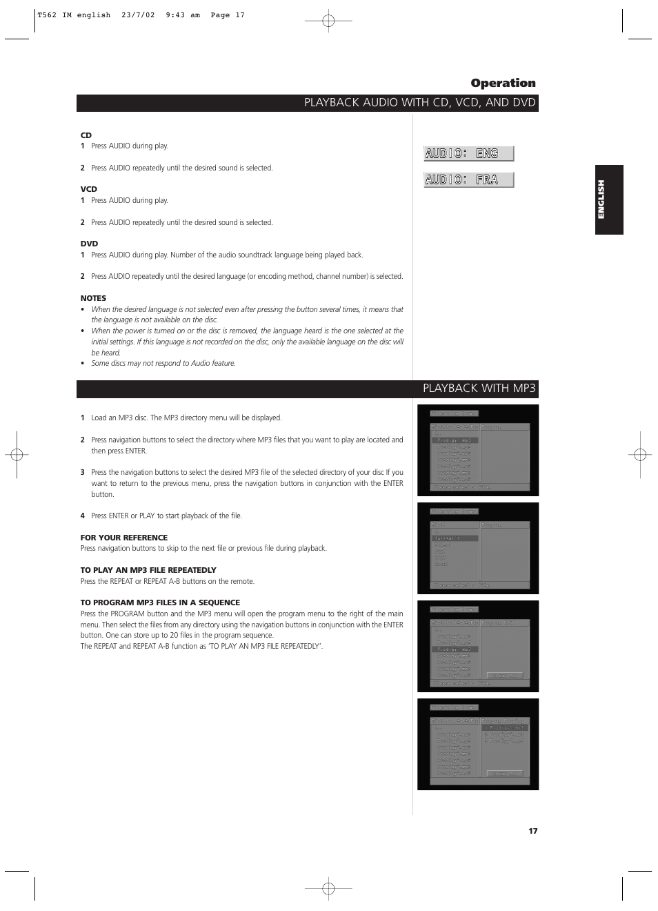 Playback audio with cd, vcd, and dvd operation, Playback with mp3 | NAD T562 User Manual | Page 17 / 34