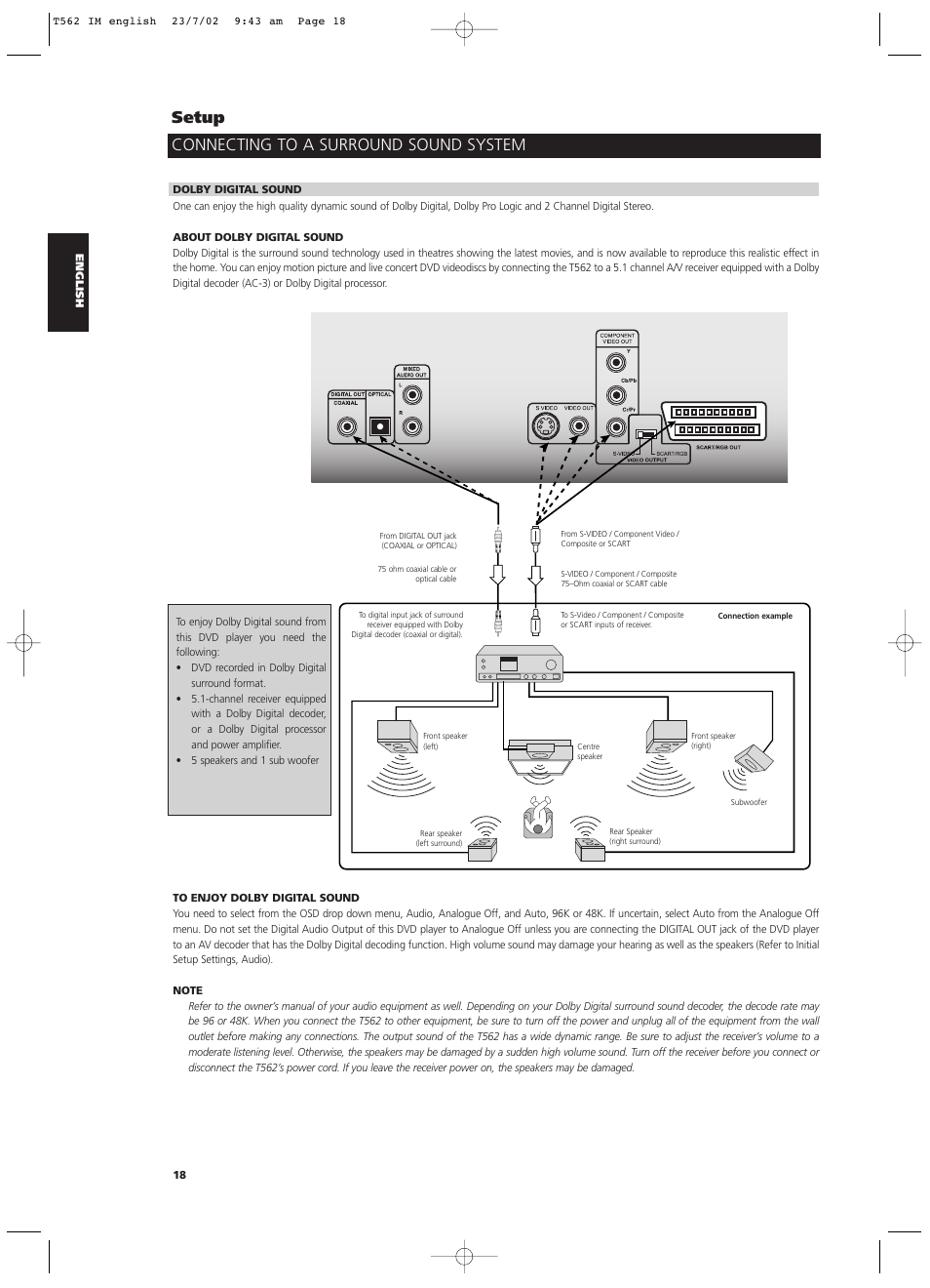 Connecting to a surround sound system setup | NAD T562 User Manual | Page 18 / 34