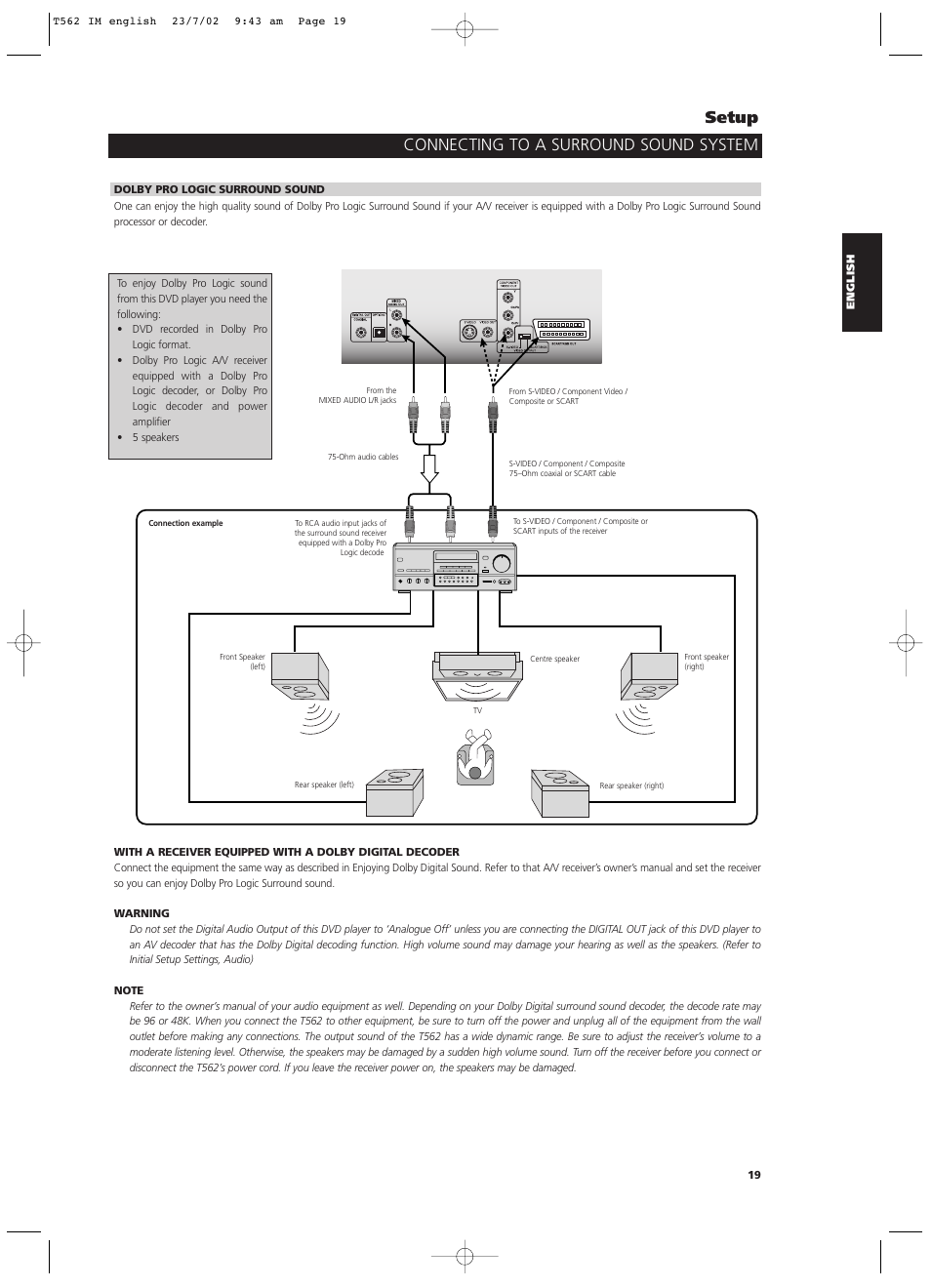 Connecting to a surround sound system setup | NAD T562 User Manual | Page 19 / 34