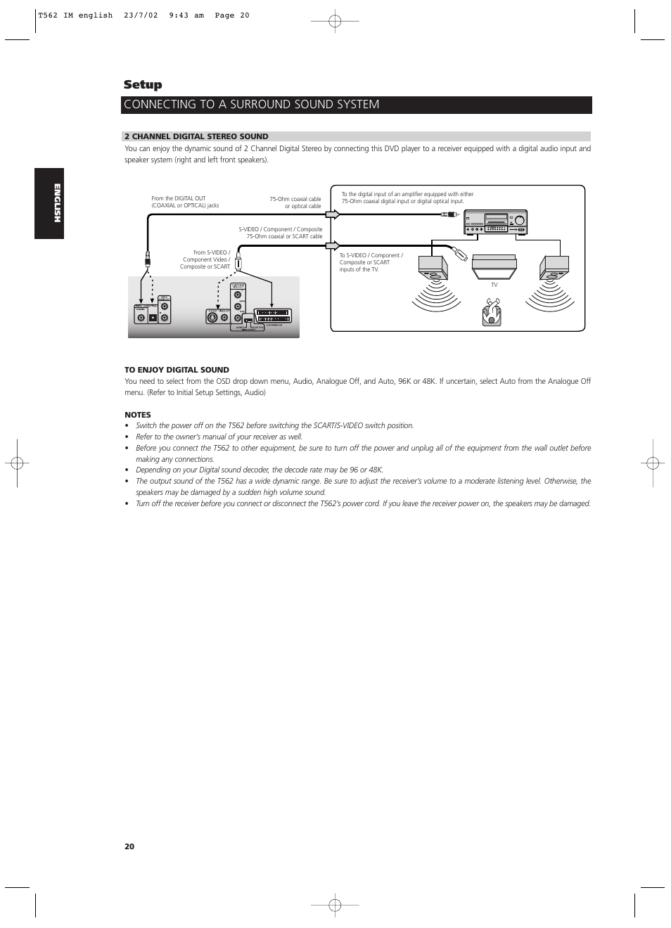 Connecting to a surround sound system setup | NAD T562 User Manual | Page 20 / 34