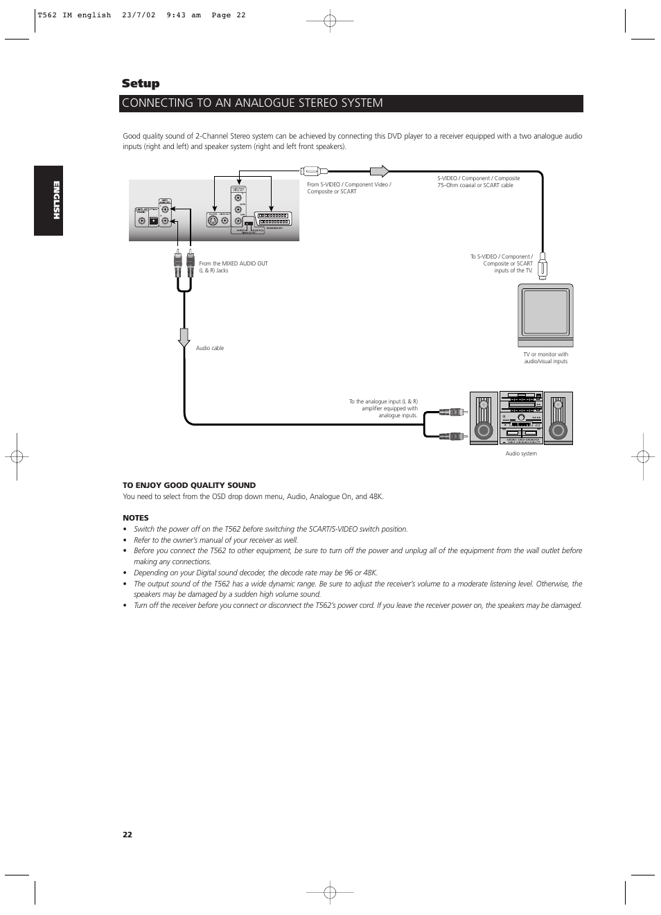 Connecting to an analogue stereo system setup | NAD T562 User Manual | Page 22 / 34