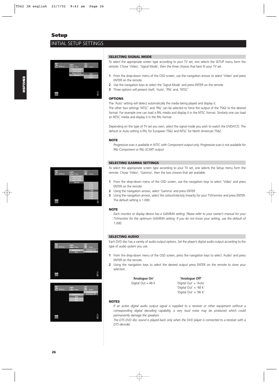 Initial setup settings setup | NAD T562 User Manual | Page 26 / 34