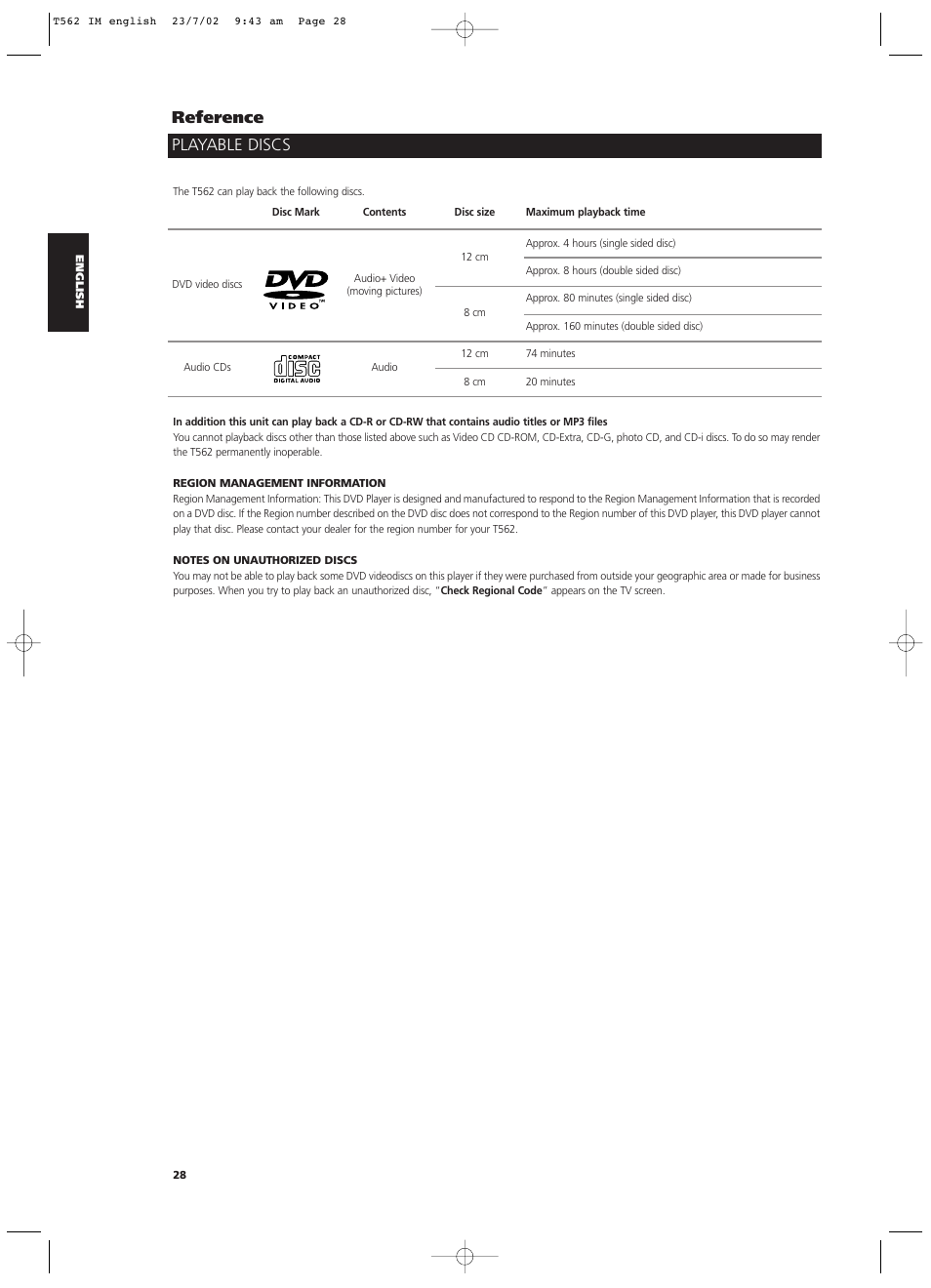 Playable discs reference | NAD T562 User Manual | Page 28 / 34
