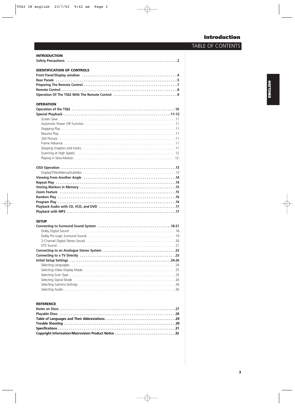 Table of contents introduction | NAD T562 User Manual | Page 3 / 34