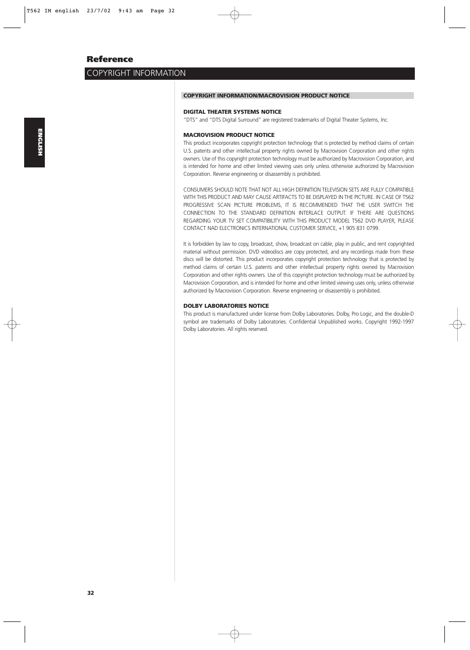 Copyright information reference | NAD T562 User Manual | Page 32 / 34