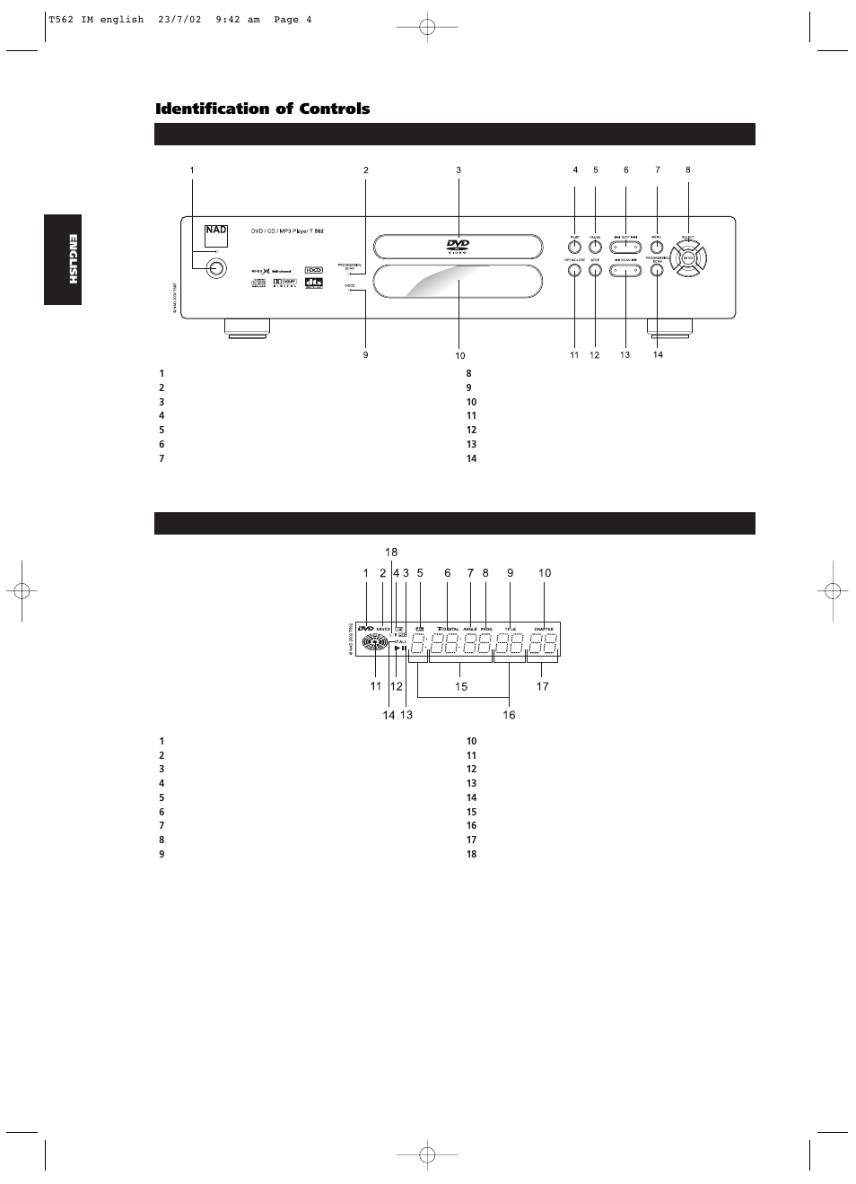 Front panel, Display window, Identification of controls | NAD T562 User Manual | Page 4 / 34