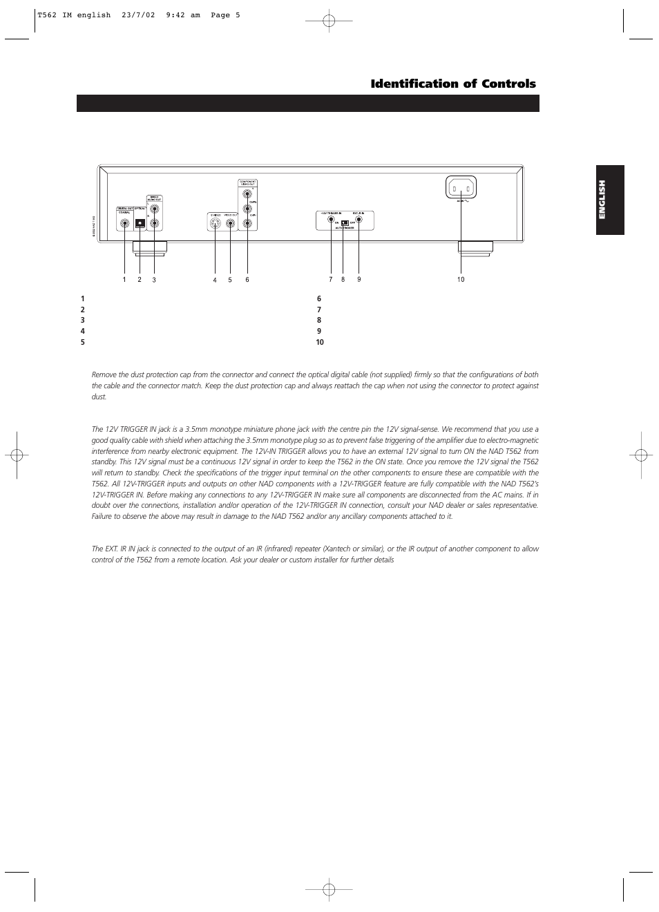 Rear panel (north american version), Identification of controls | NAD T562 User Manual | Page 5 / 34