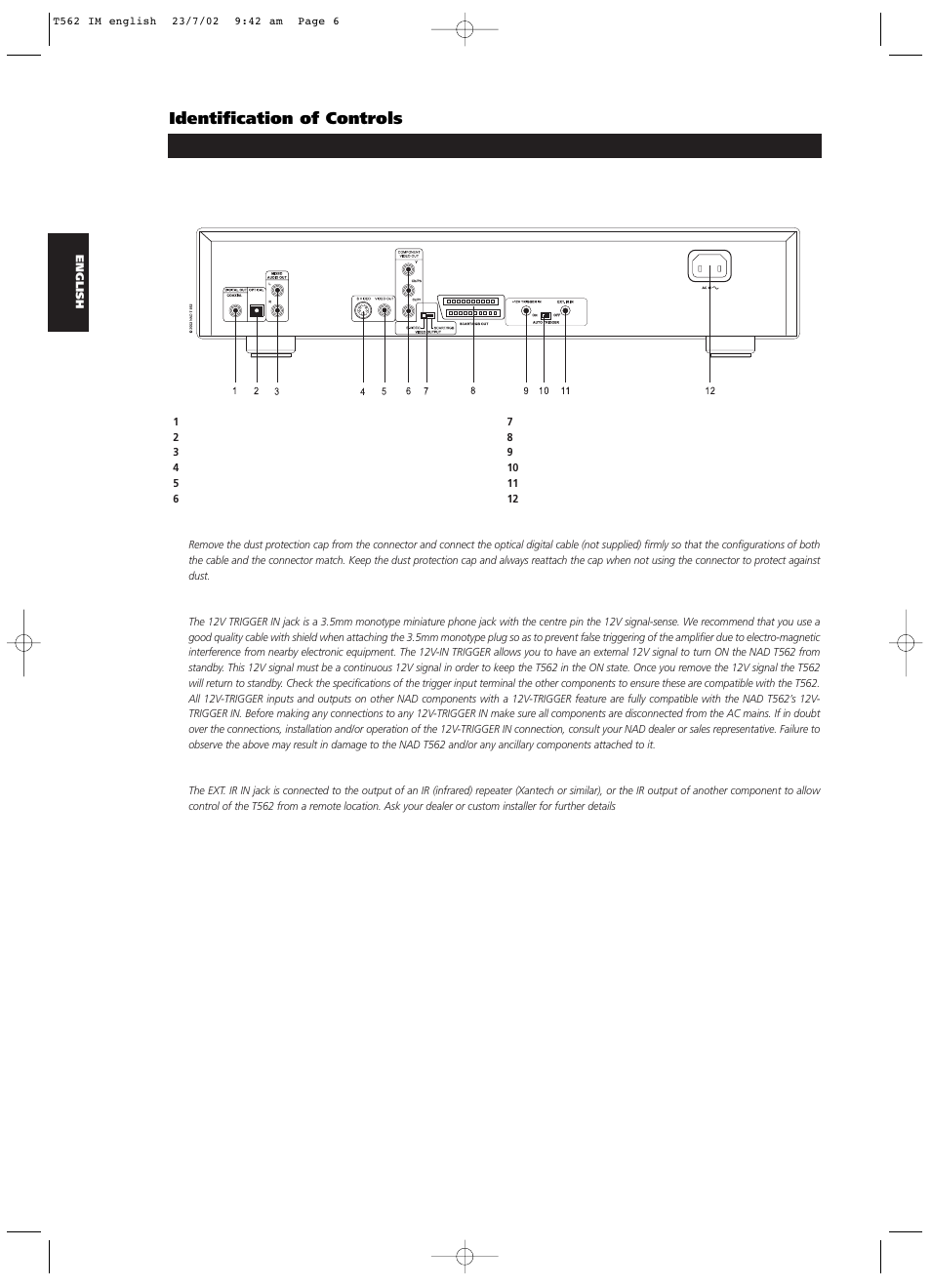 Rear panel (european version), Identification of controls | NAD T562 User Manual | Page 6 / 34