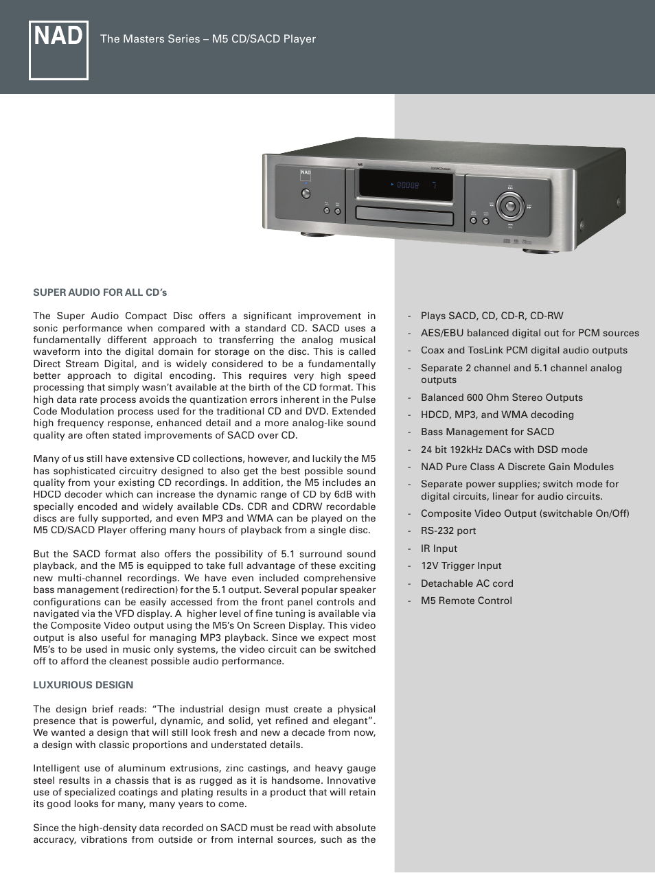 NAD M5 User Manual | 4 pages