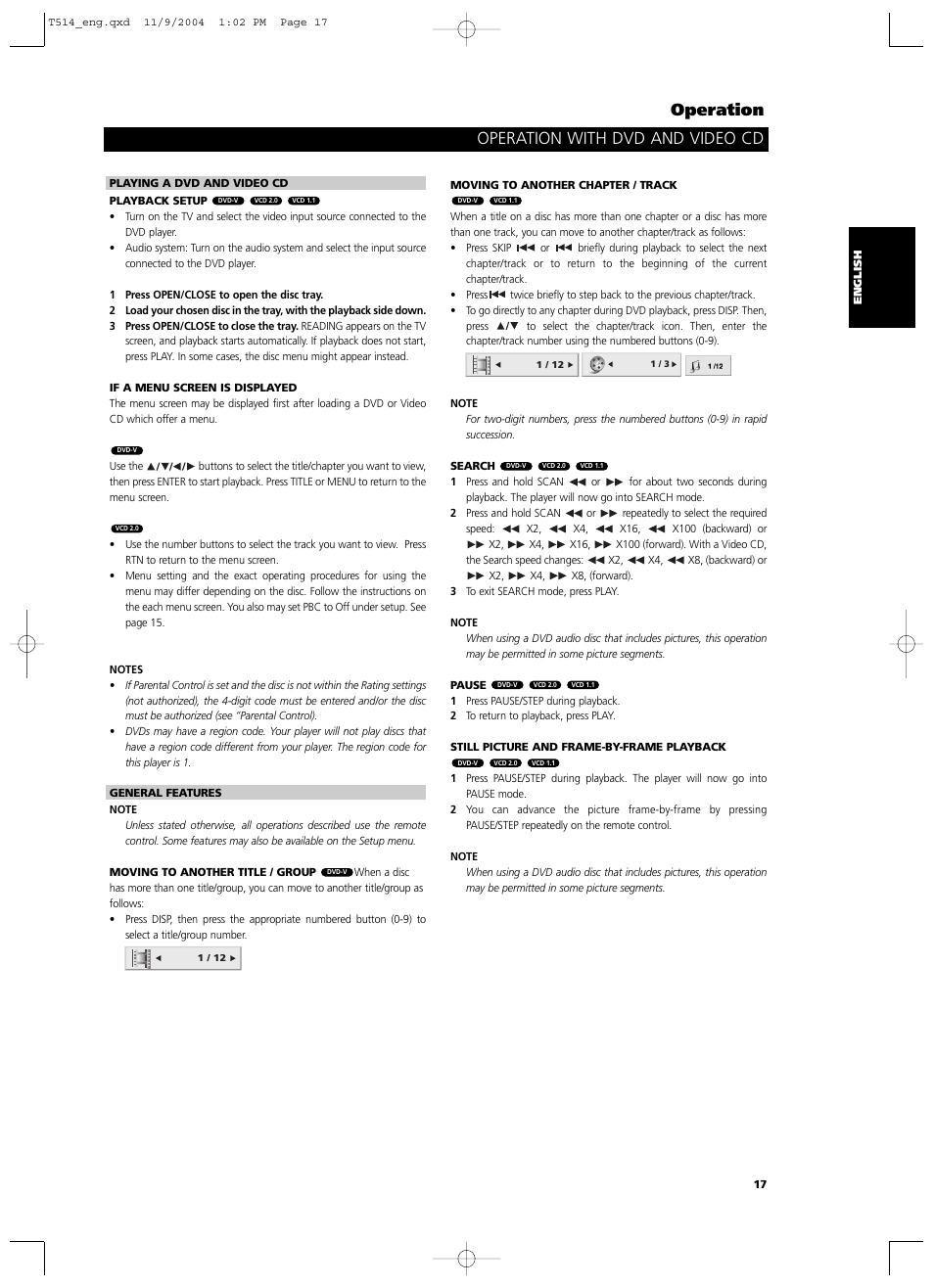 Operation with dvd and video cd operation | NAD T 514DVD User Manual | Page 17 / 30
