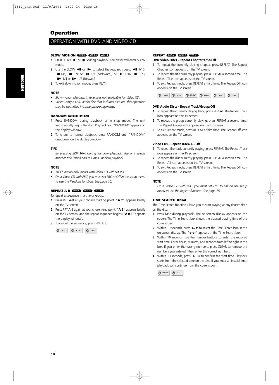 Operation with dvd and video cd operation | NAD T 514DVD User Manual | Page 18 / 30