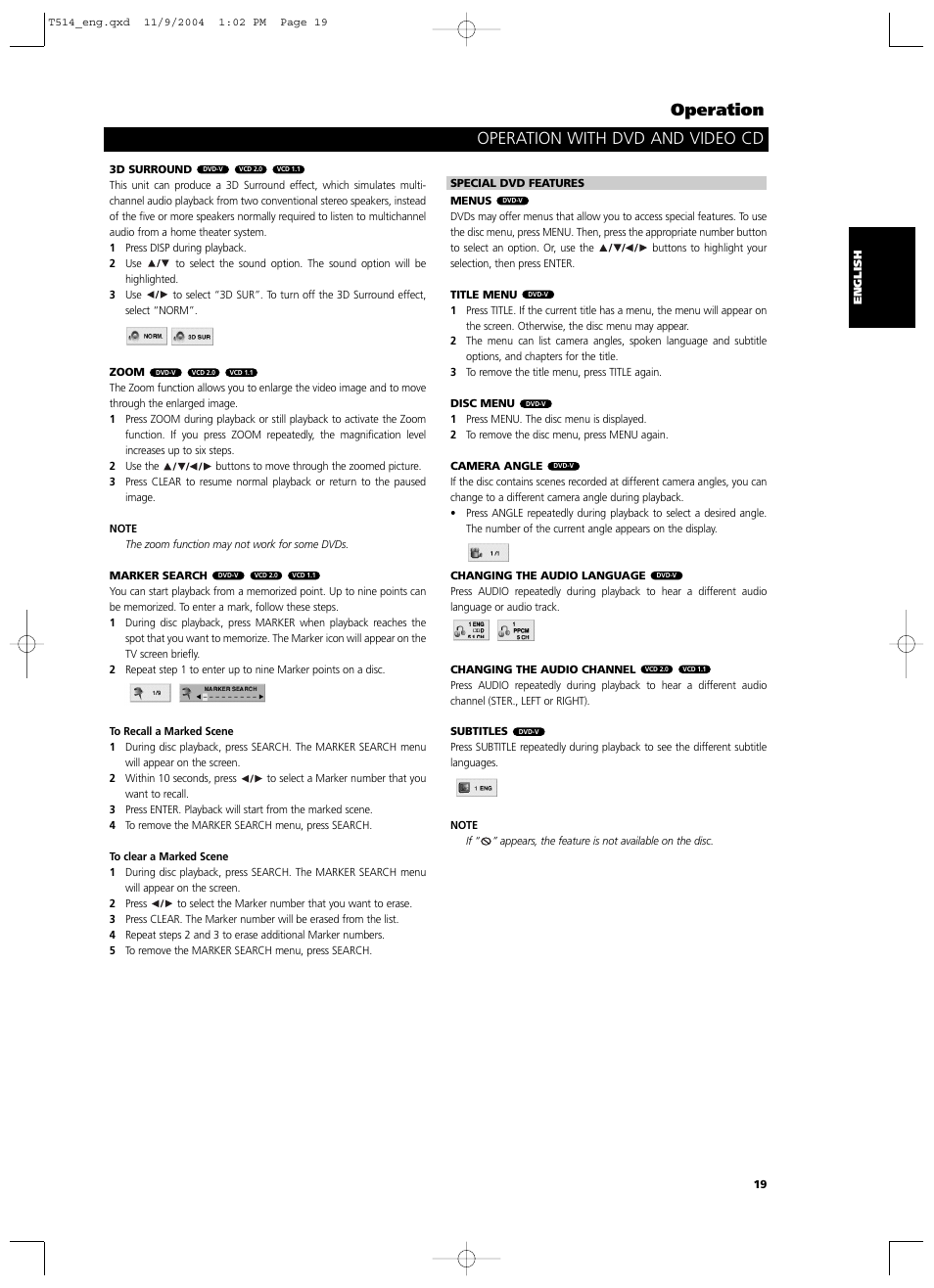 Operation with dvd and video cd operation | NAD T 514DVD User Manual | Page 19 / 30