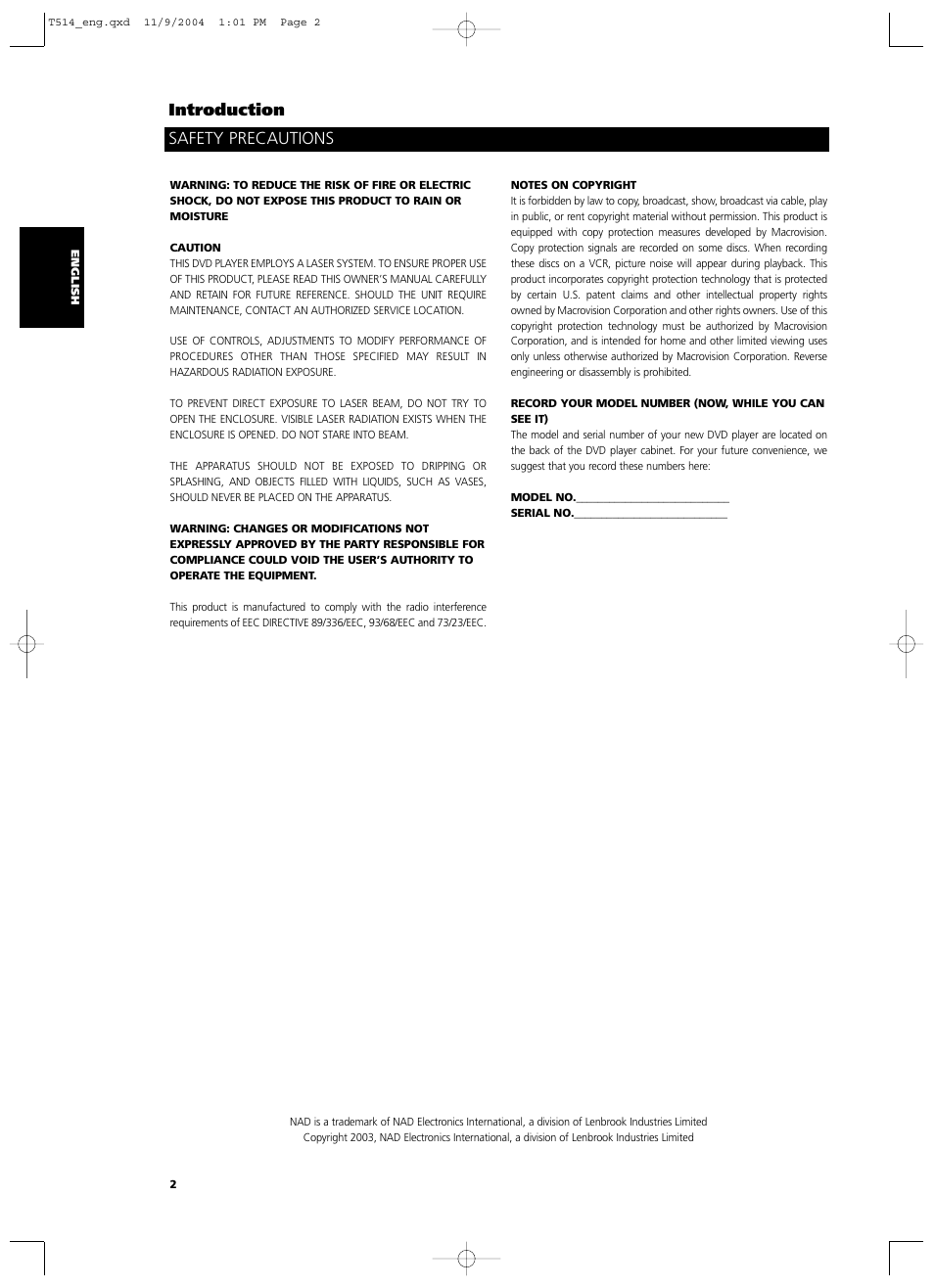 Safety precautions introduction | NAD T 514DVD User Manual | Page 2 / 30