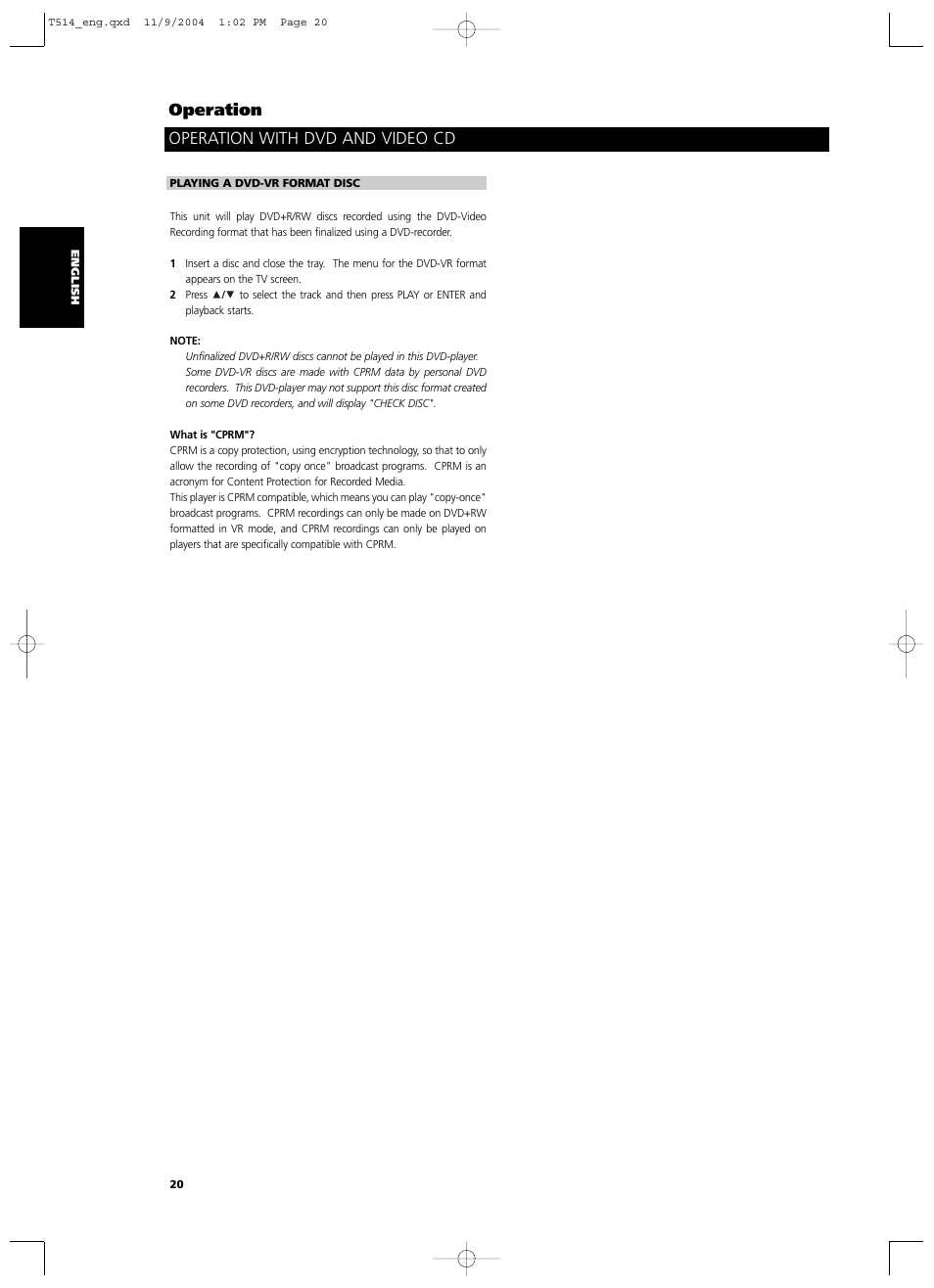 Operation with dvd and video cd operation | NAD T 514DVD User Manual | Page 20 / 30