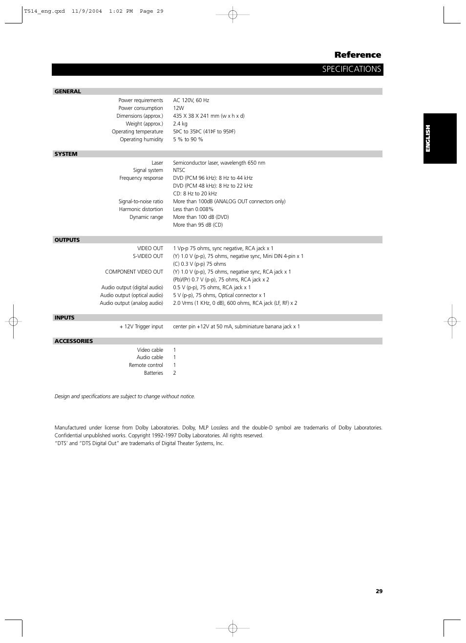 Specifications reference | NAD T 514DVD User Manual | Page 29 / 30