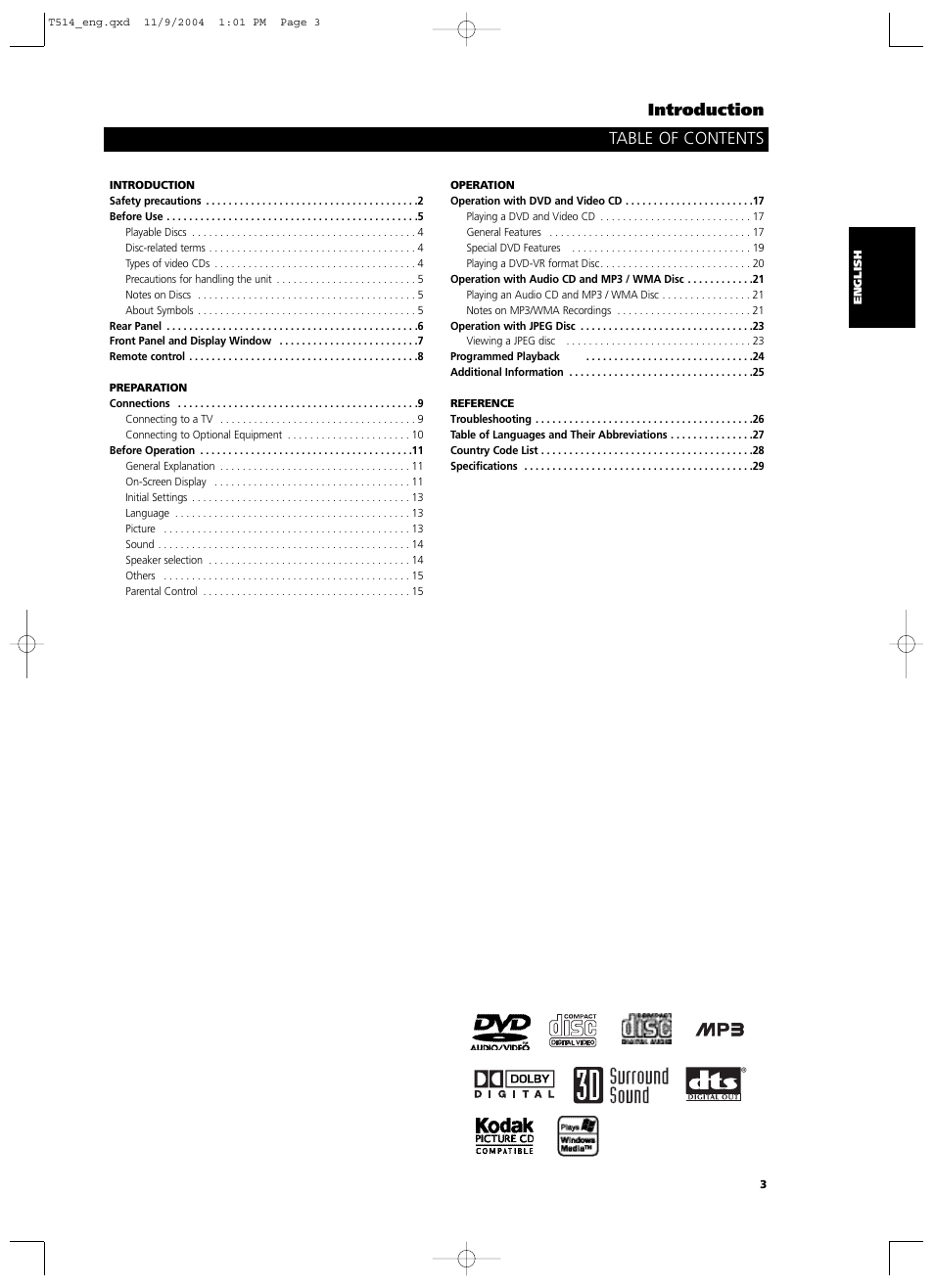 Table of contents introduction | NAD T 514DVD User Manual | Page 3 / 30