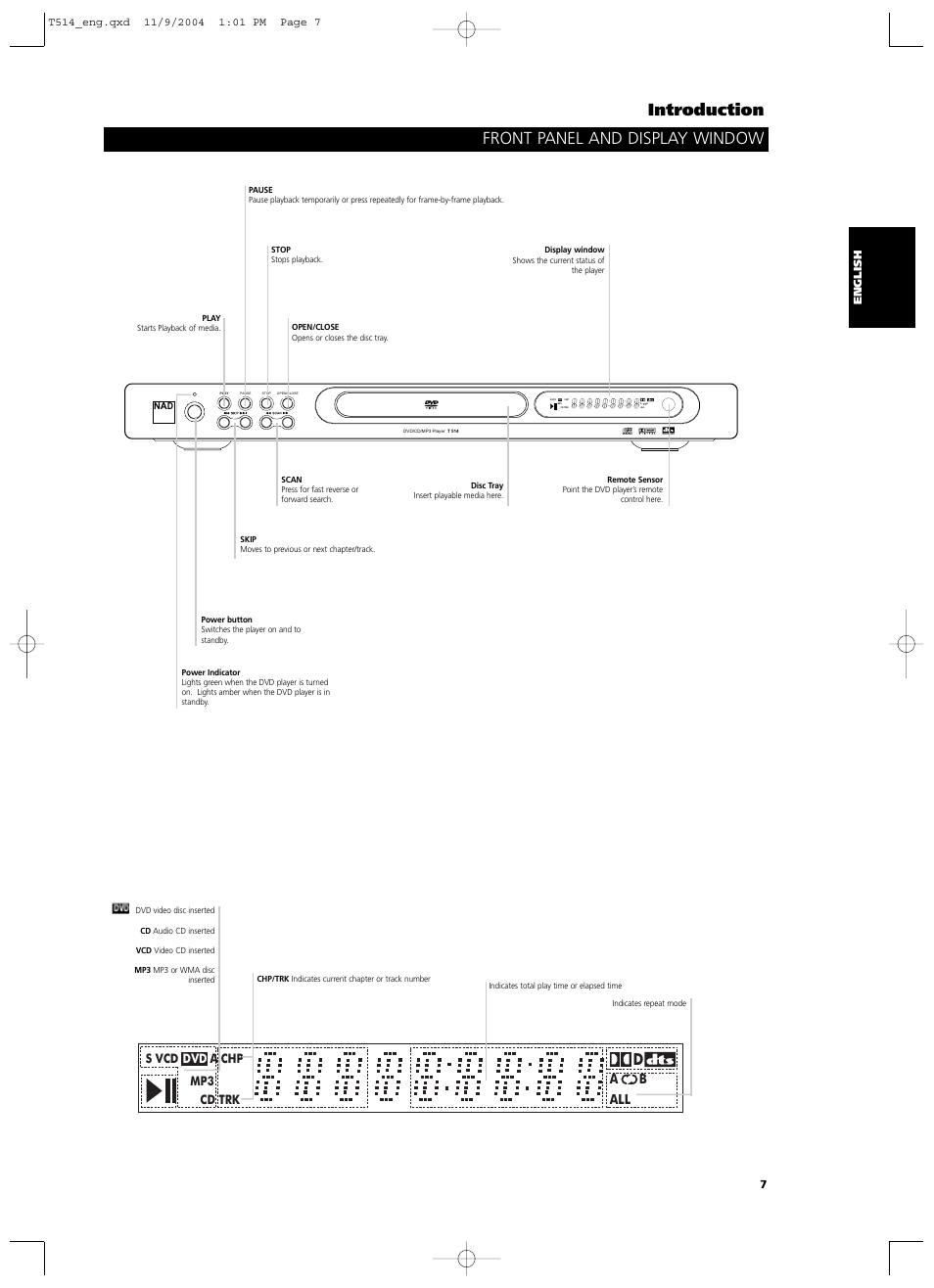 Front panel and display window introduction, All b dvd s vcd a chp cd trk mp3 | NAD T 514DVD User Manual | Page 7 / 30