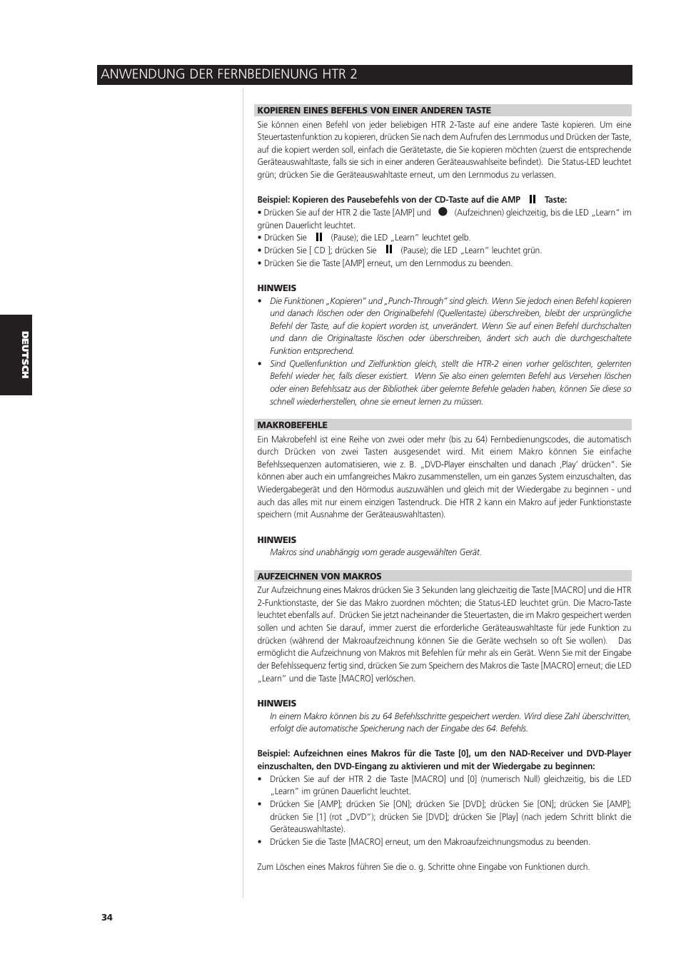 Anwendung der fernbedienung htr 2 | NAD S170iAV User Manual | Page 116 / 164