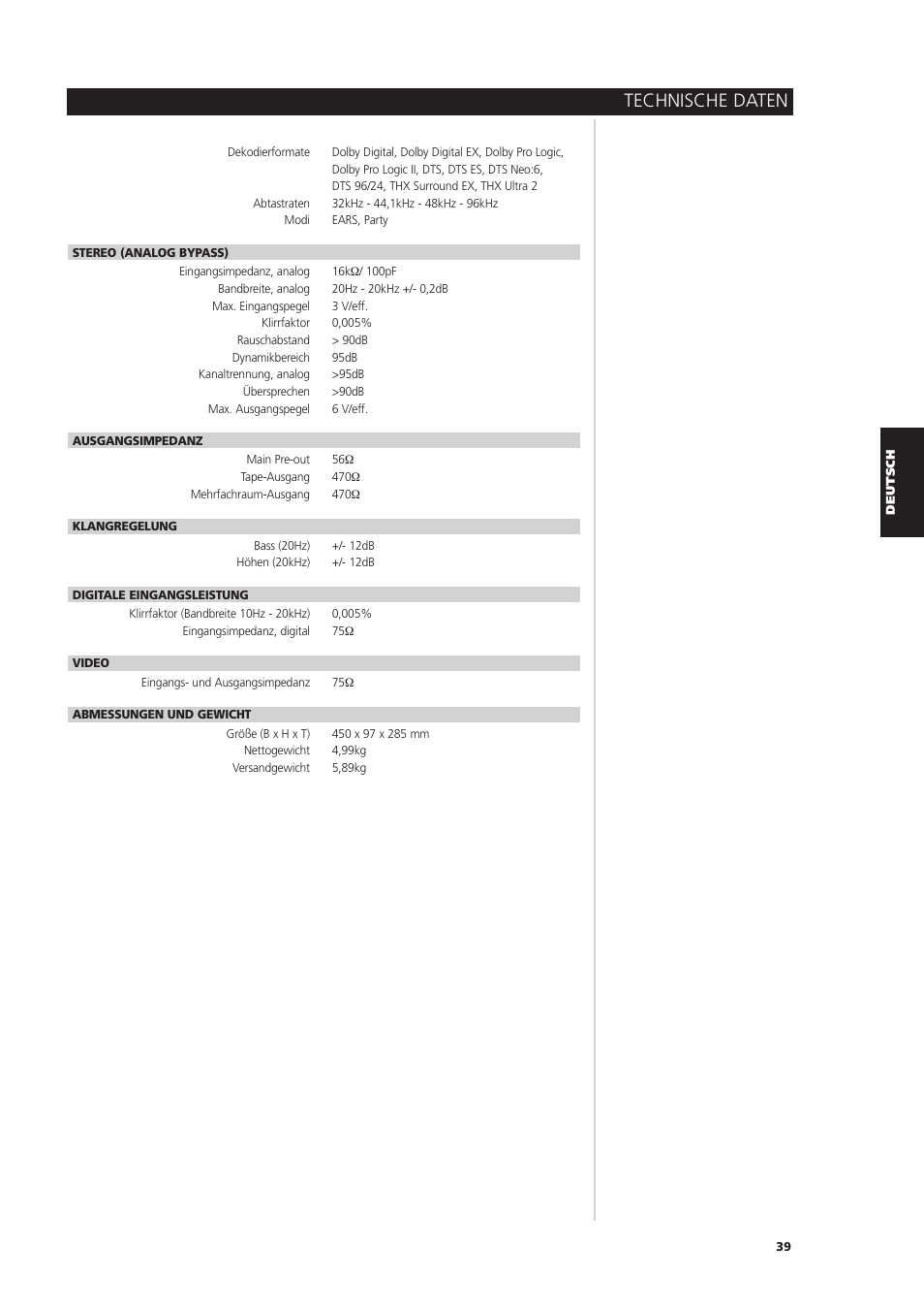 Technische daten | NAD S170iAV User Manual | Page 121 / 164