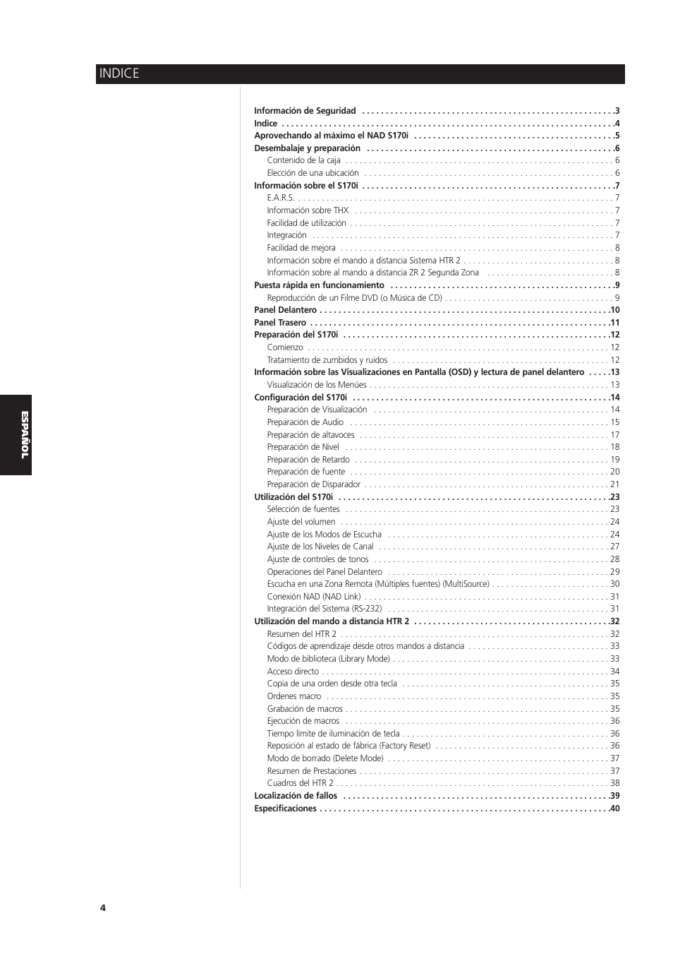 Indice | NAD S170iAV User Manual | Page 126 / 164
