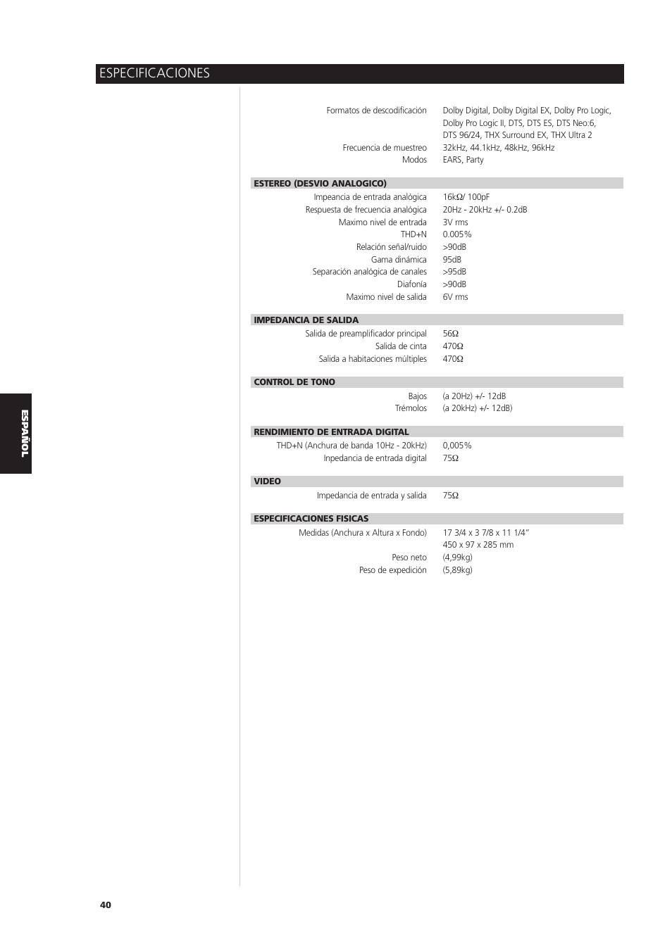 Especificaciones | NAD S170iAV User Manual | Page 162 / 164