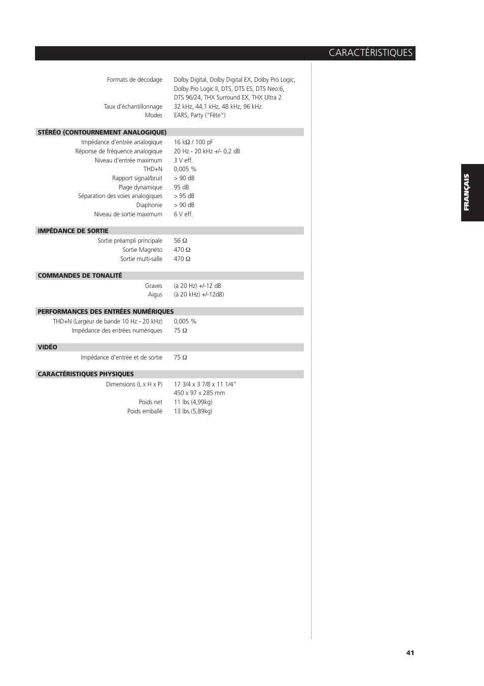 Caractéristiques | NAD S170iAV User Manual | Page 81 / 164