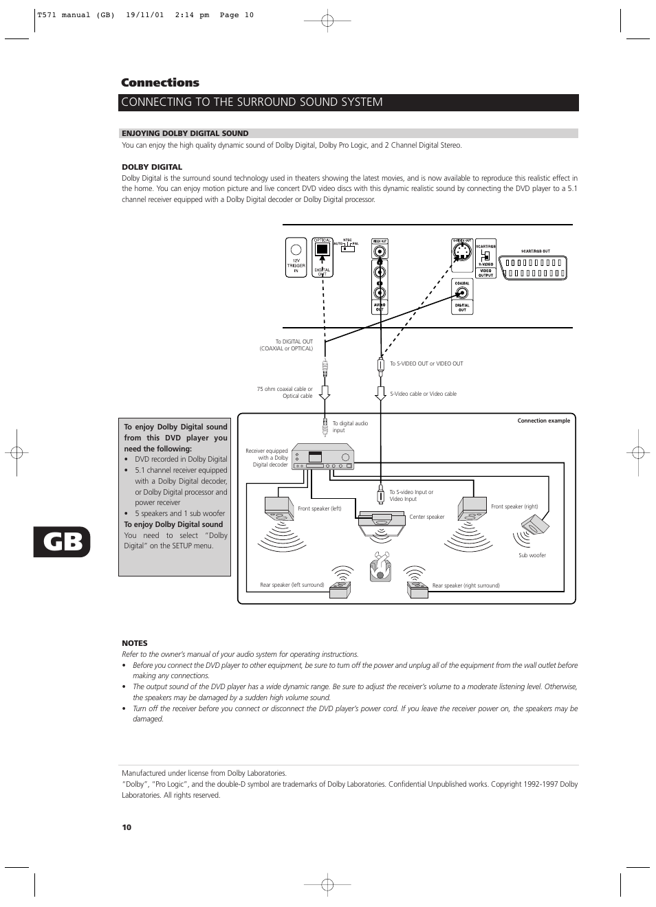 Connections, Connecting to the surround sound system | NAD T571 User Manual | Page 10 / 44