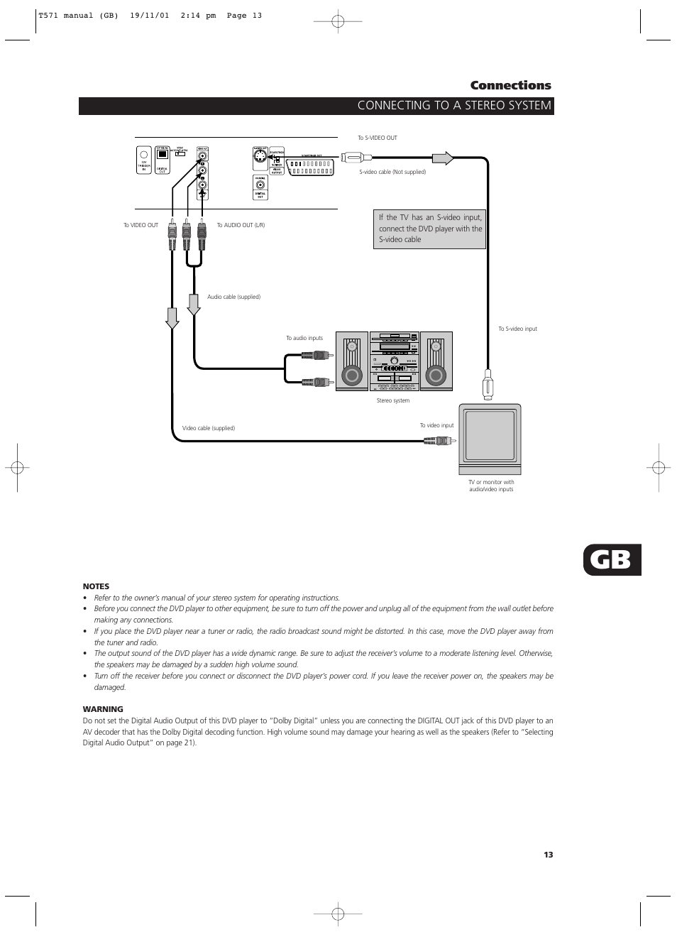 Connections, Connecting to a stereo system | NAD T571 User Manual | Page 13 / 44