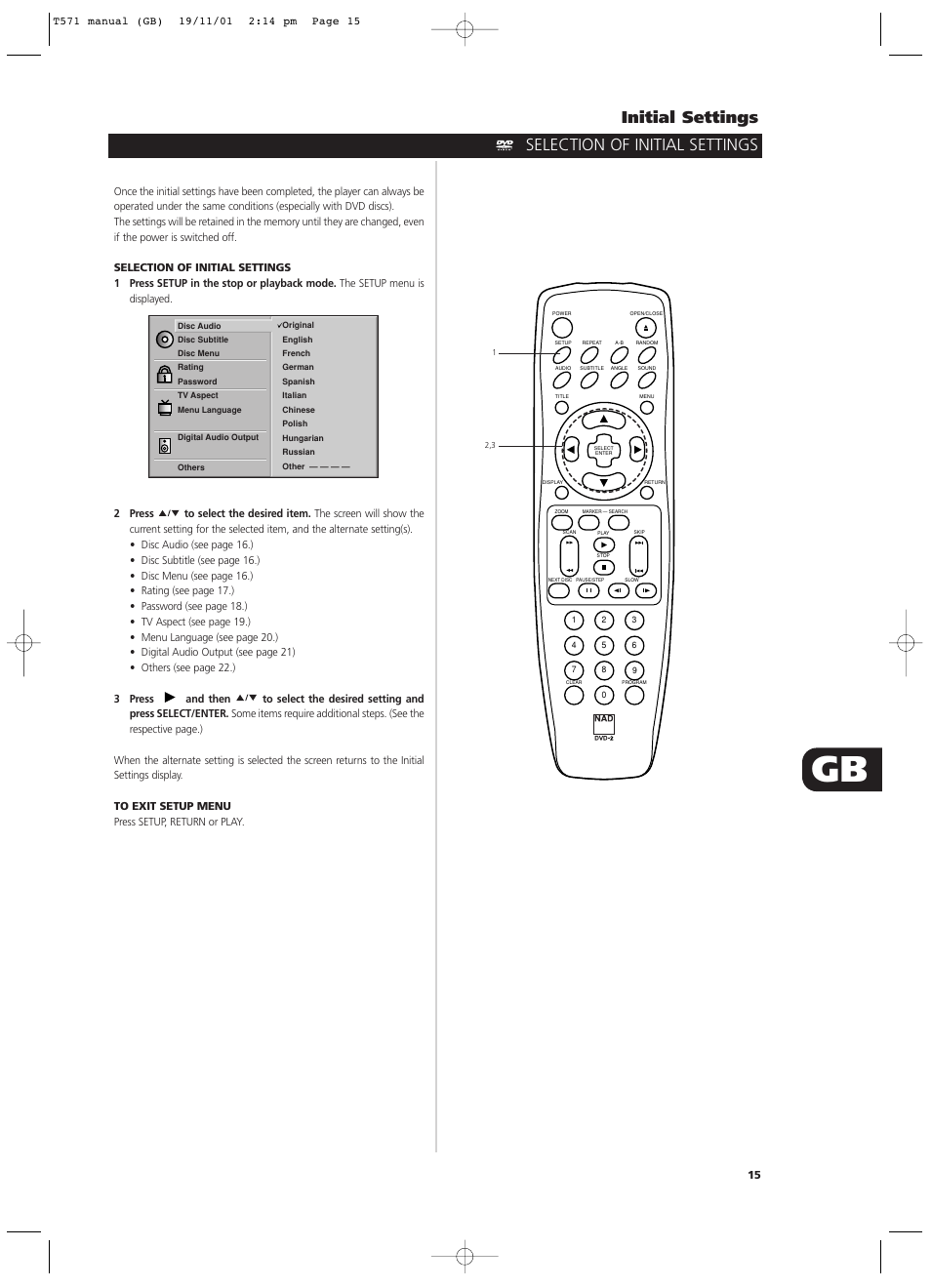 Initial settings, Selection of initial settings | NAD T571 User Manual | Page 15 / 44