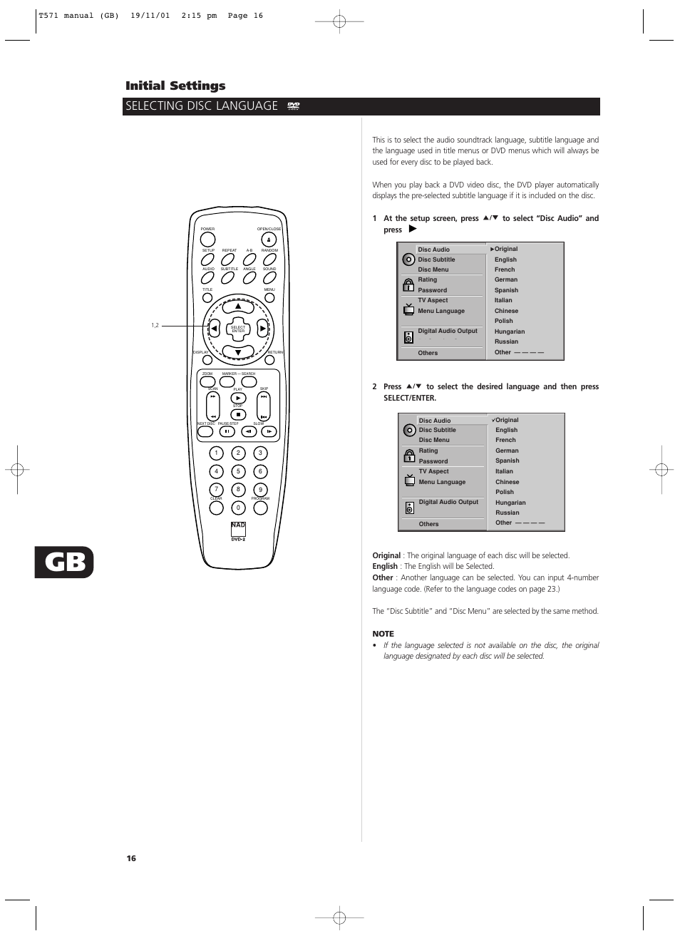 Initial settings, Selecting disc language | NAD T571 User Manual | Page 16 / 44