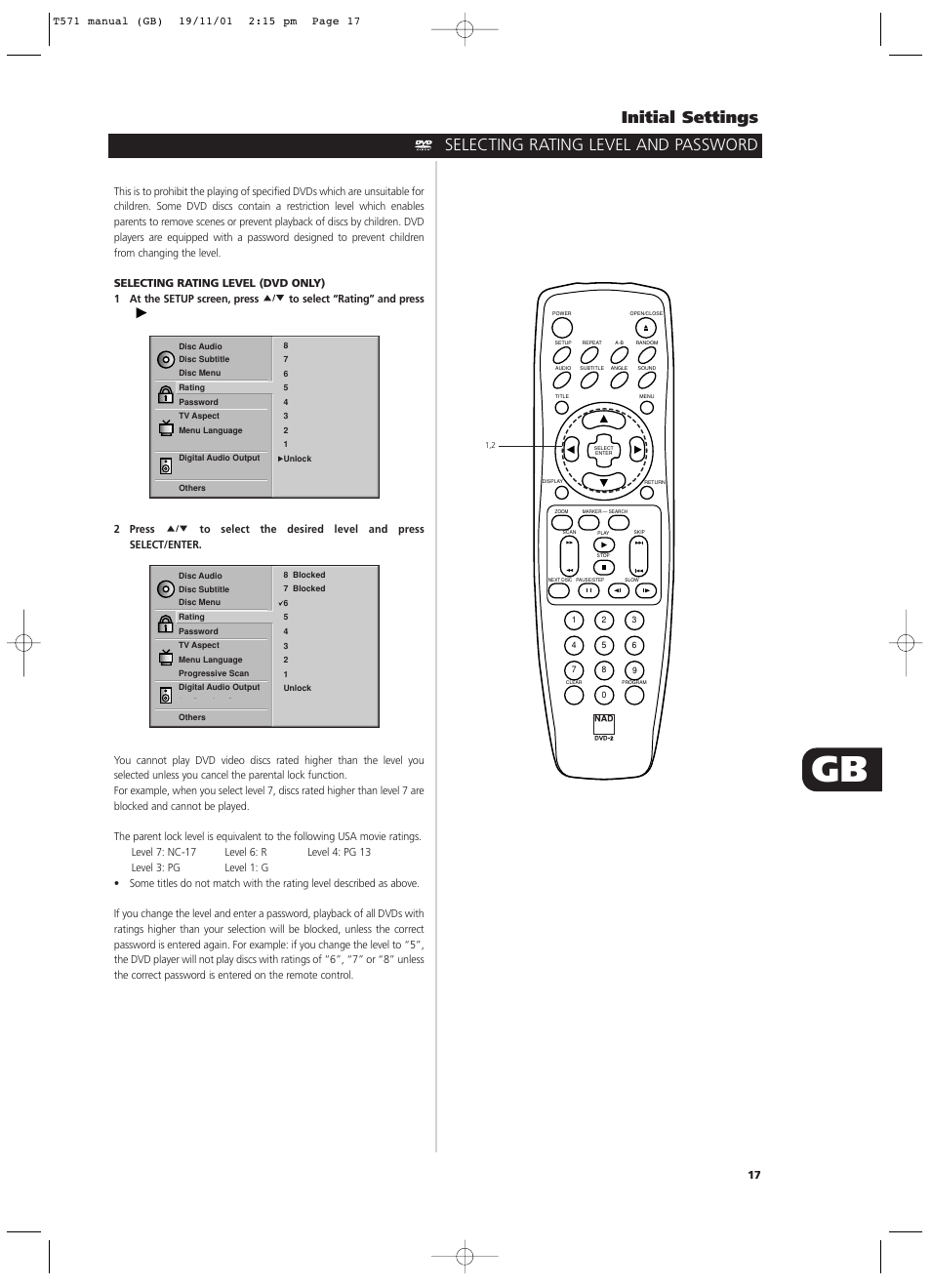 Initial settings, Selecting rating level and password | NAD T571 User Manual | Page 17 / 44