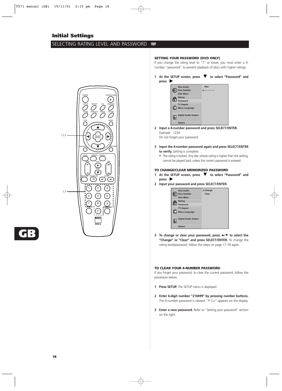Initial settings, Selecting rating level and password | NAD T571 User Manual | Page 18 / 44