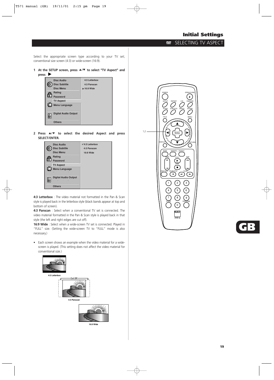 Initial settings, Selecting tv aspect | NAD T571 User Manual | Page 19 / 44