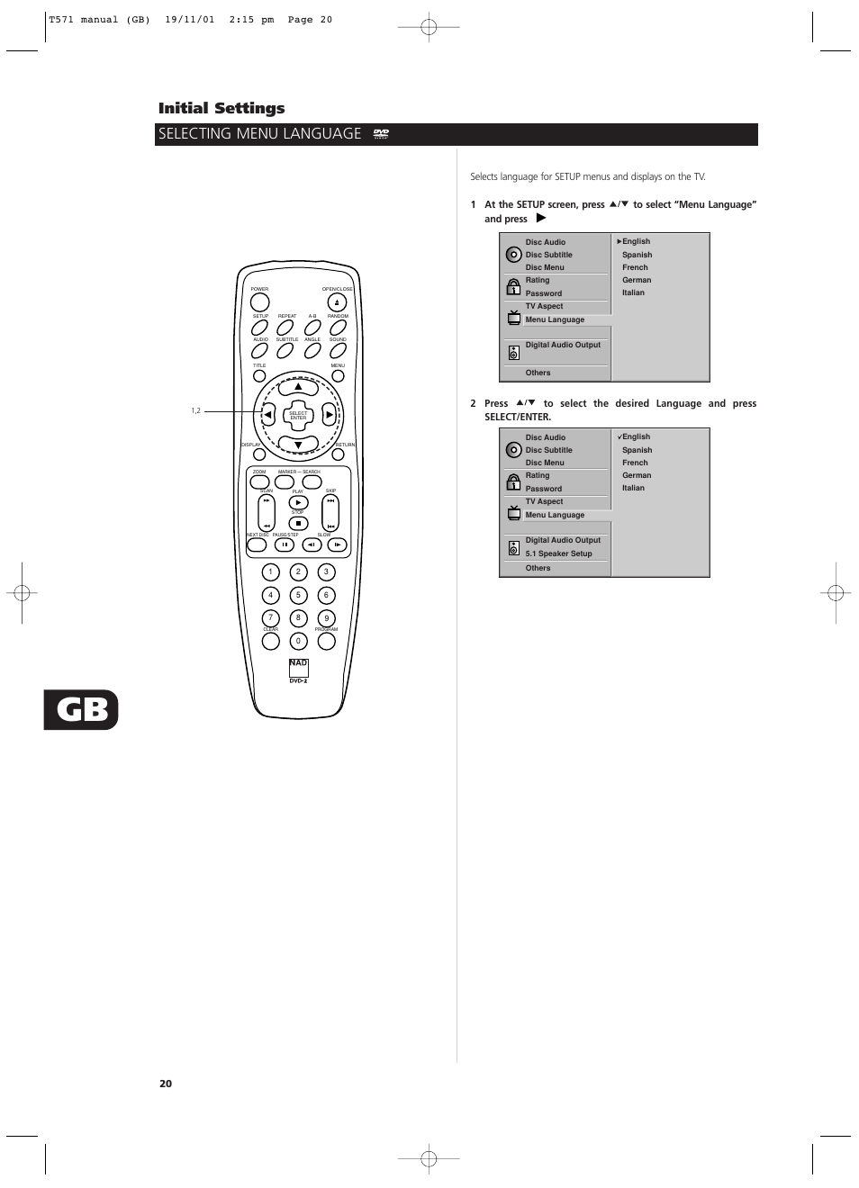 Initial settings, Selecting menu language | NAD T571 User Manual | Page 20 / 44