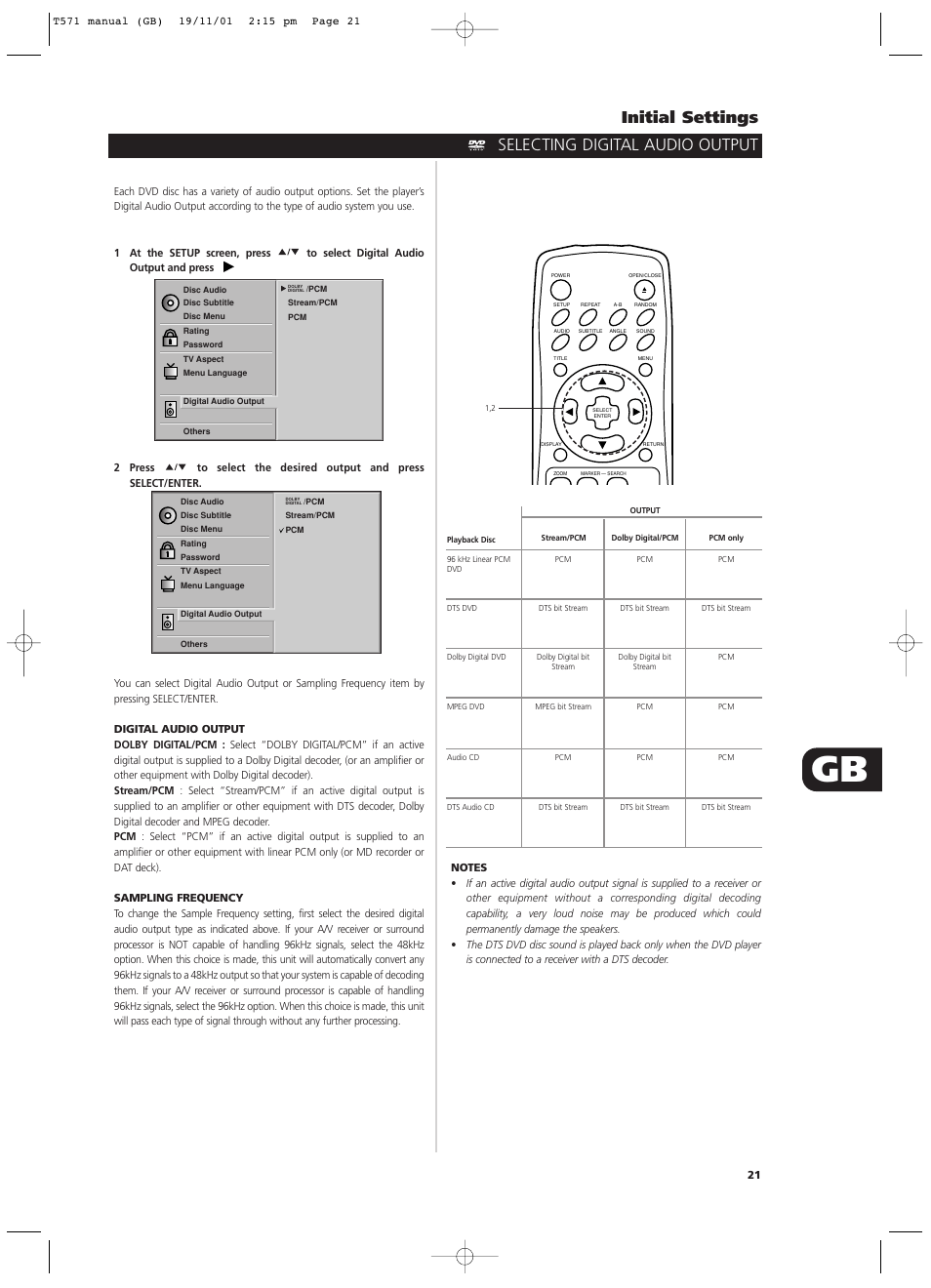 Initial settings, Selecting digital audio output | NAD T571 User Manual | Page 21 / 44