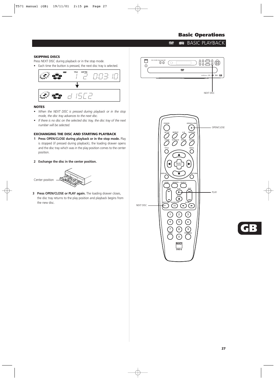 Basic playback basic operations | NAD T571 User Manual | Page 27 / 44